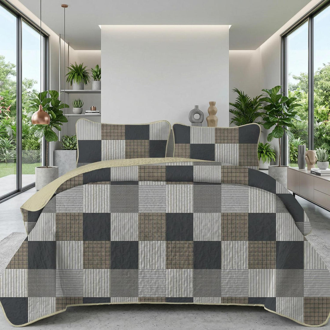 Twin plaid geometric printed quilt set in cotton, featuring a modern design.