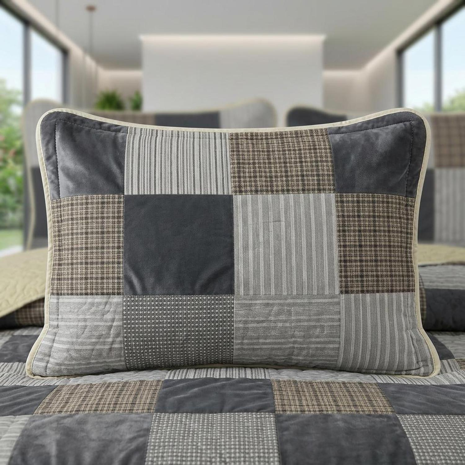 Plaid geometric printed quilt set in cotton, featuring a modern design with unique patterns.