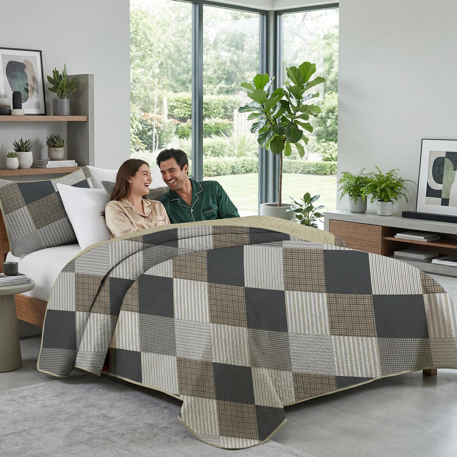 Twin plaid geometric printed quilt set in cotton, featuring a modern design.