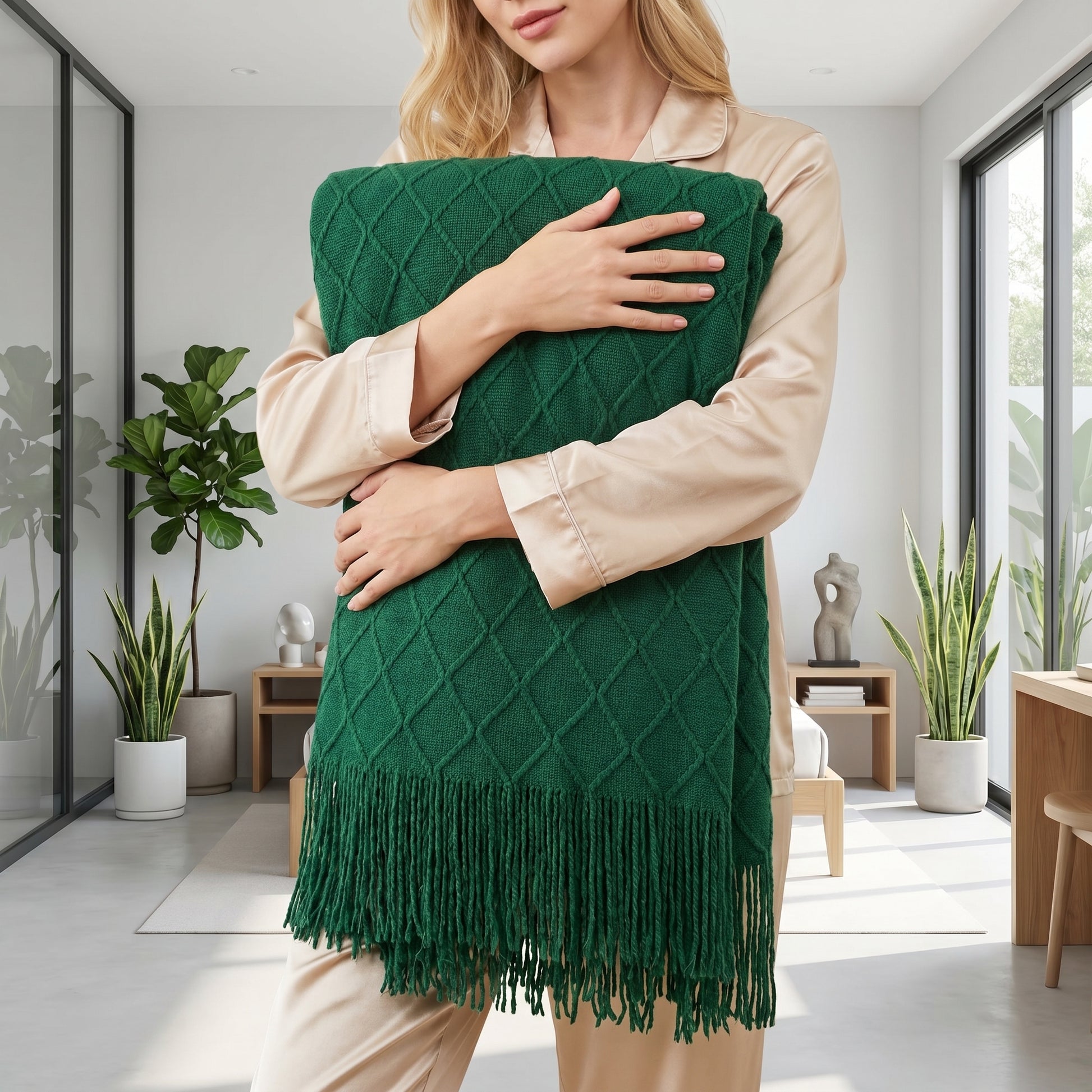 Woman in pajamas holding a folded green knitted acrylic throw blanket with diamond pattern and tassels.