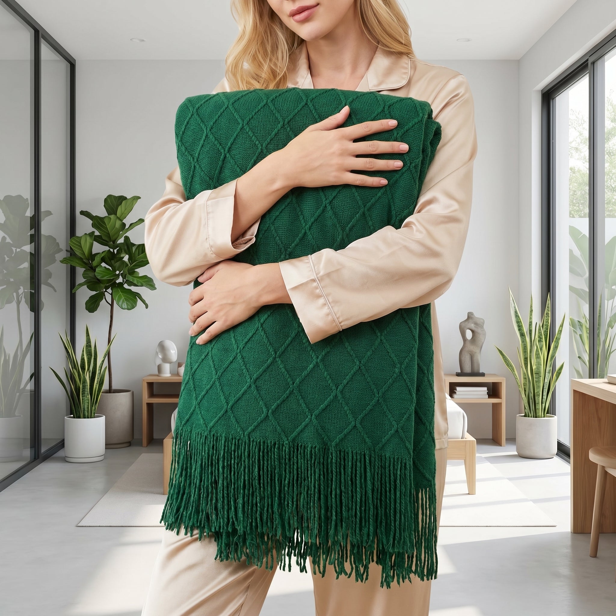 Woman in pajamas holding a folded green knitted acrylic throw blanket with diamond pattern and tassels.