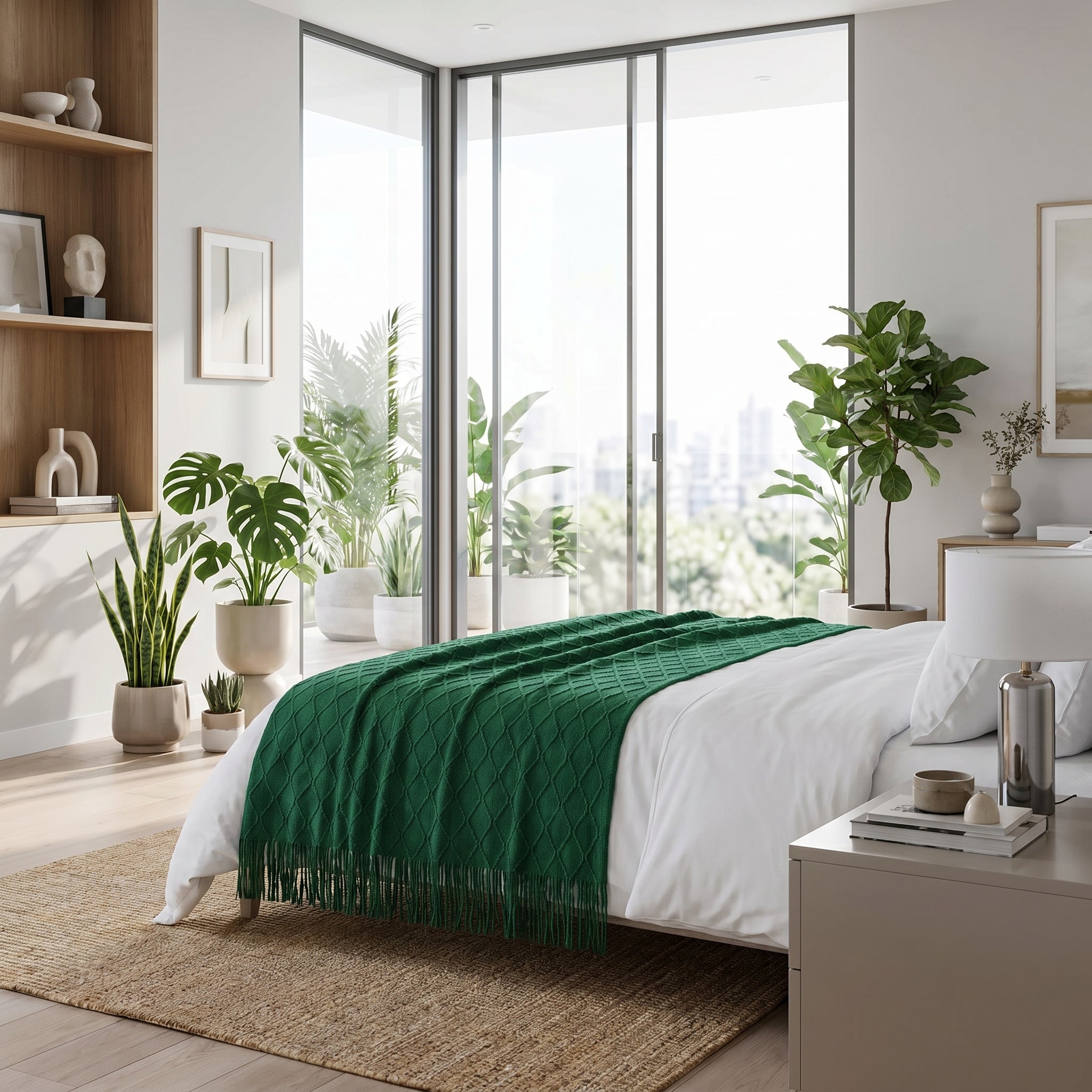 Green knitted throw blanket with tassels draped over a white bed in a bright, modern bedroom.