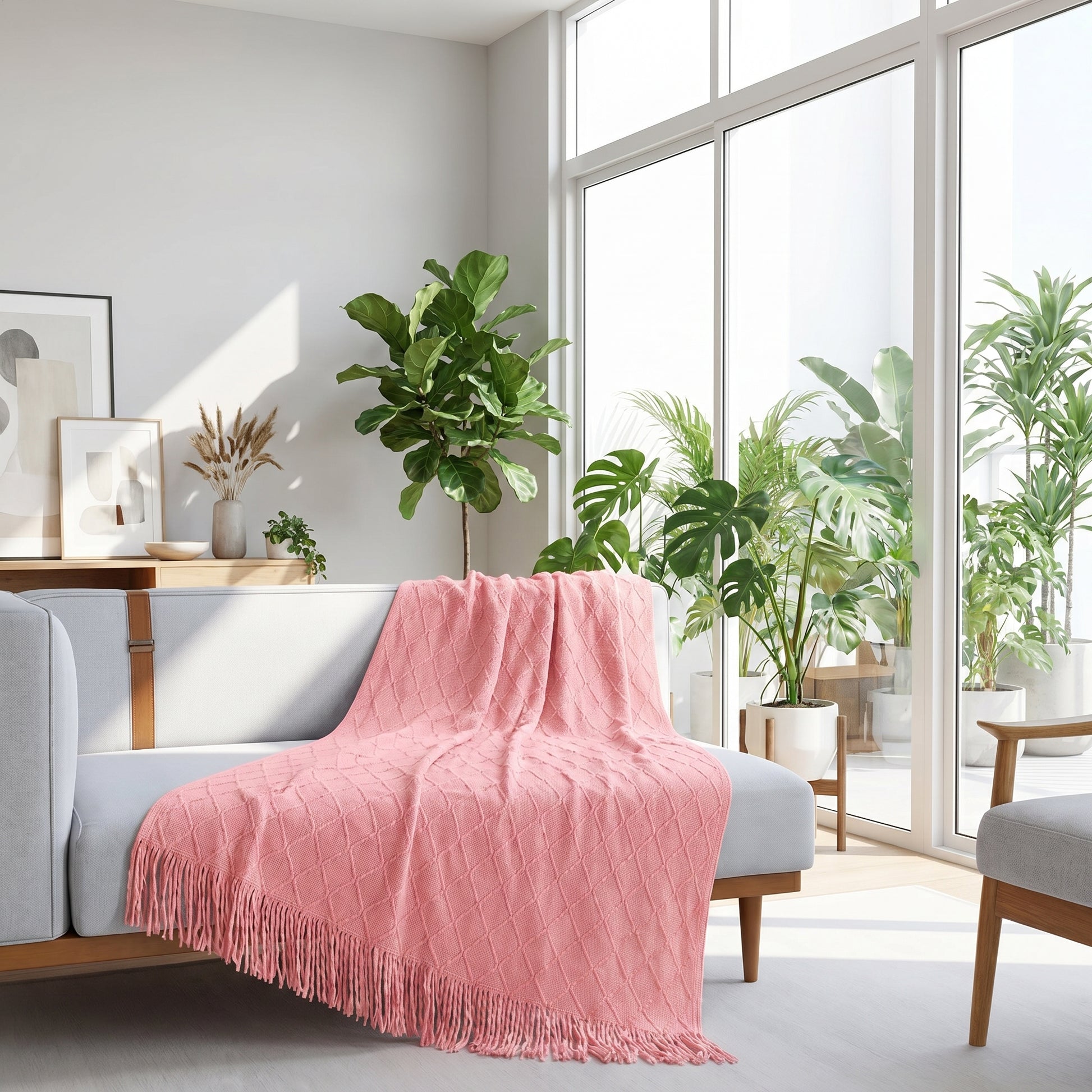 Pink plaid knit throw blanket with tassels draped over a light gray sofa in a bright living room.