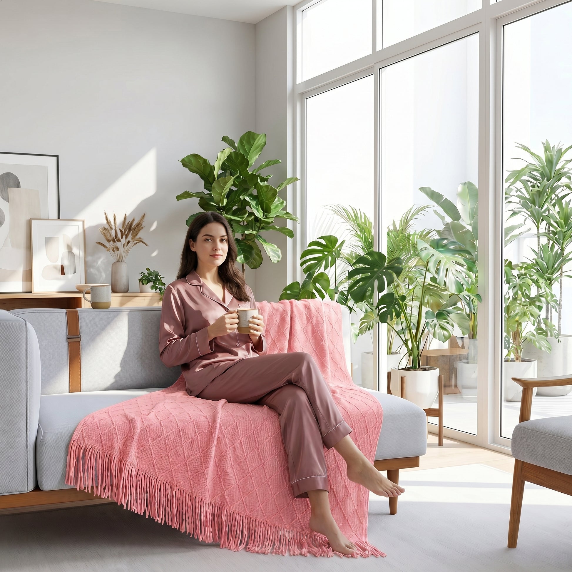 Woman in pajamas relaxing on a sofa with a pink plaid knit blanket with tassels.