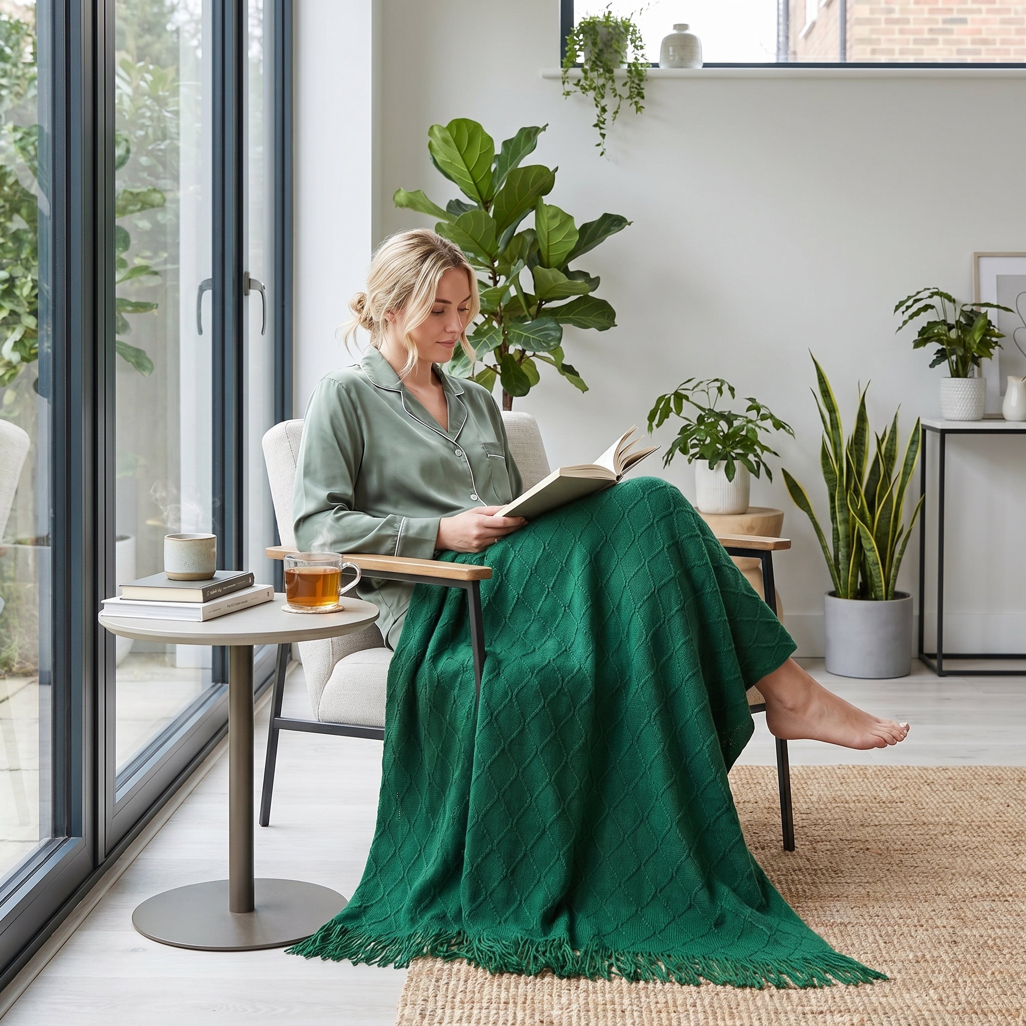 Woman in pajamas reading under a green knitted acrylic throw blanket with tassels.