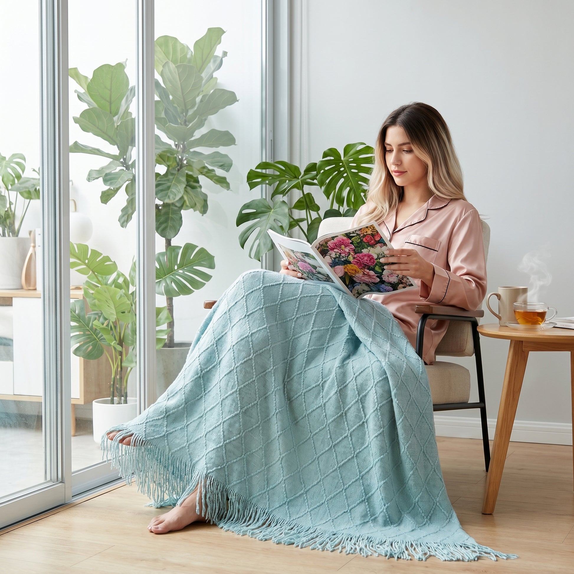 Woman relaxing with a light blue knit throw blanket featuring a diamond pattern and tassels.