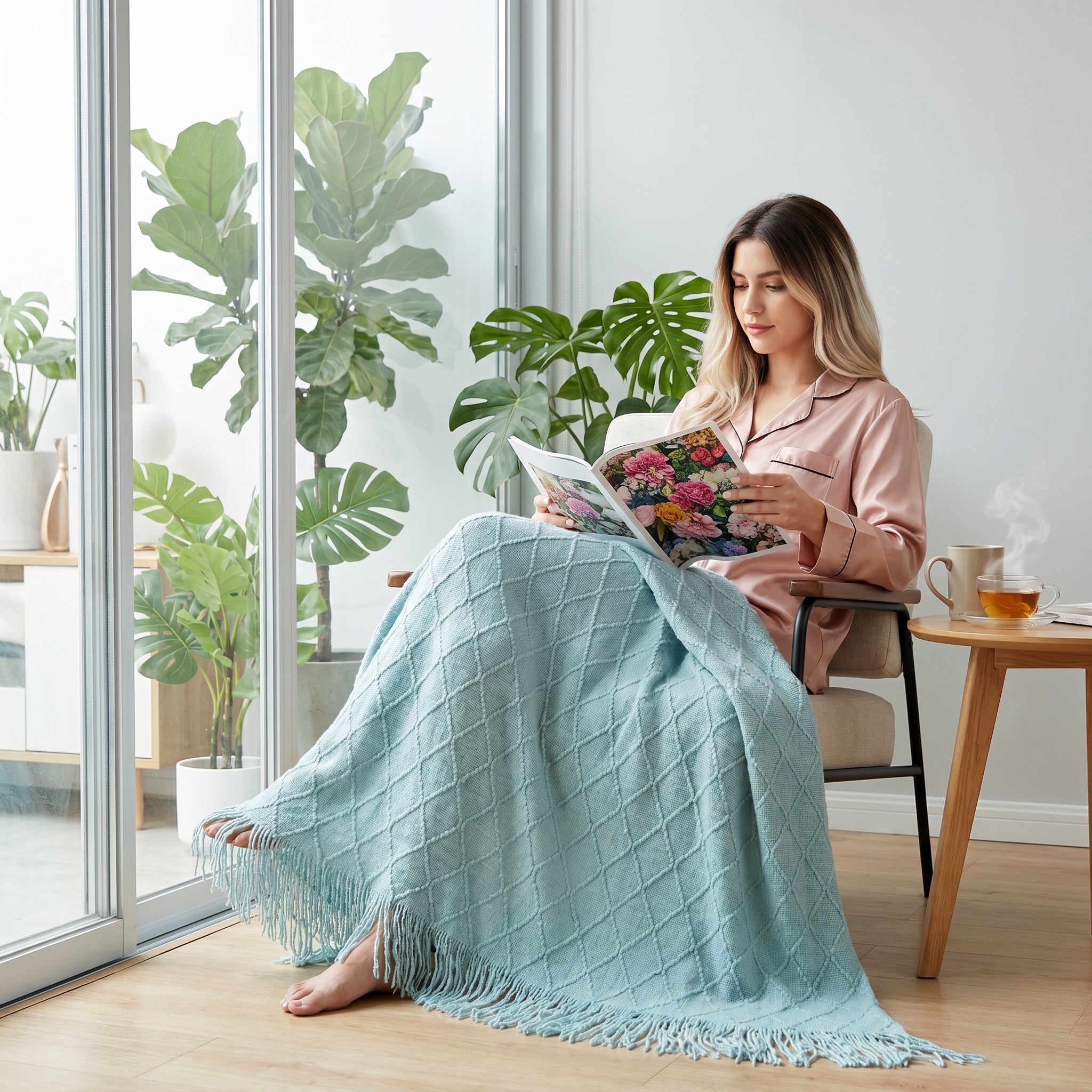 Woman relaxing with a light blue knit throw blanket featuring a diamond pattern and tassels.