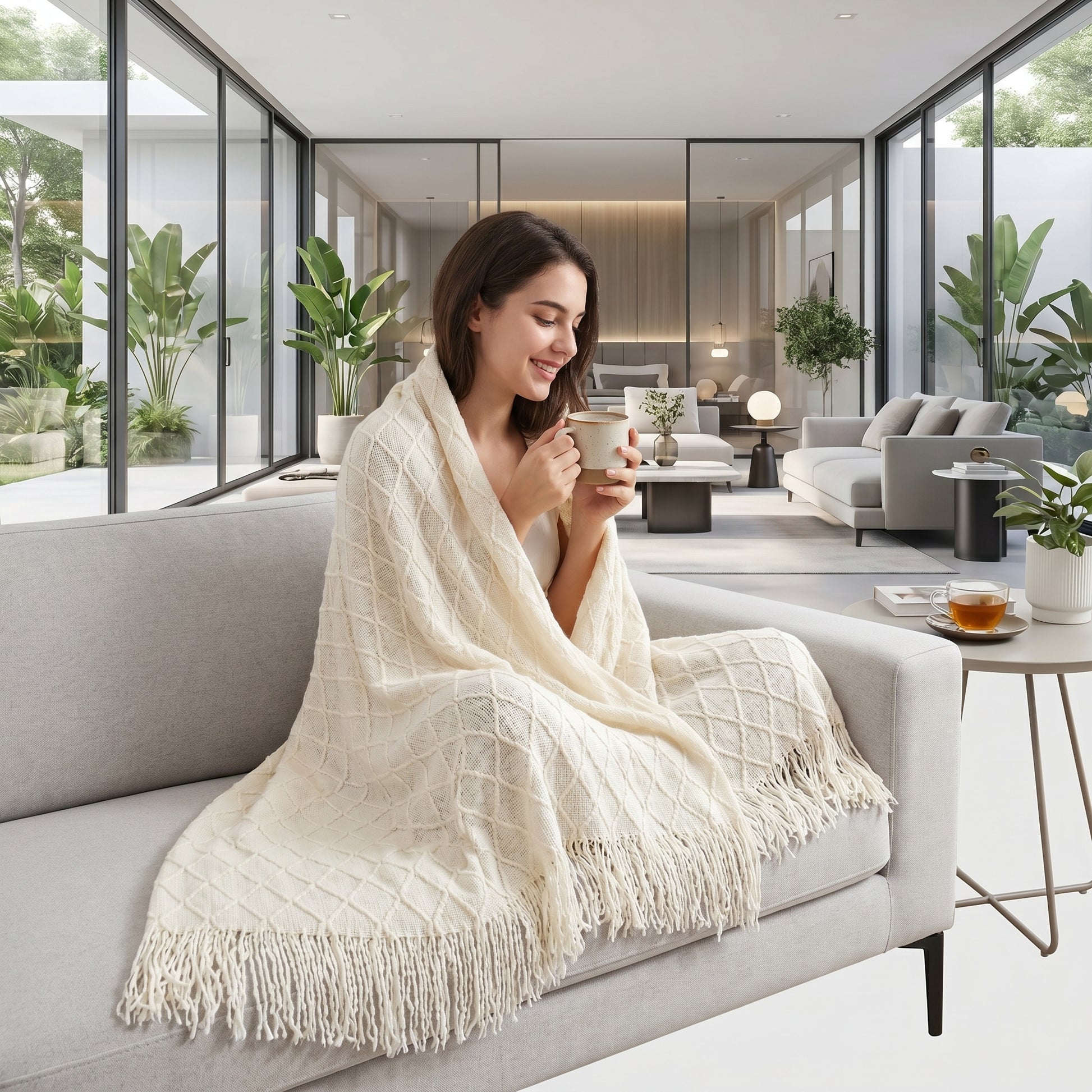 Smiling woman wrapped in a cozy cream knit throw blanket with tassels, holding a mug on a modern sofa.