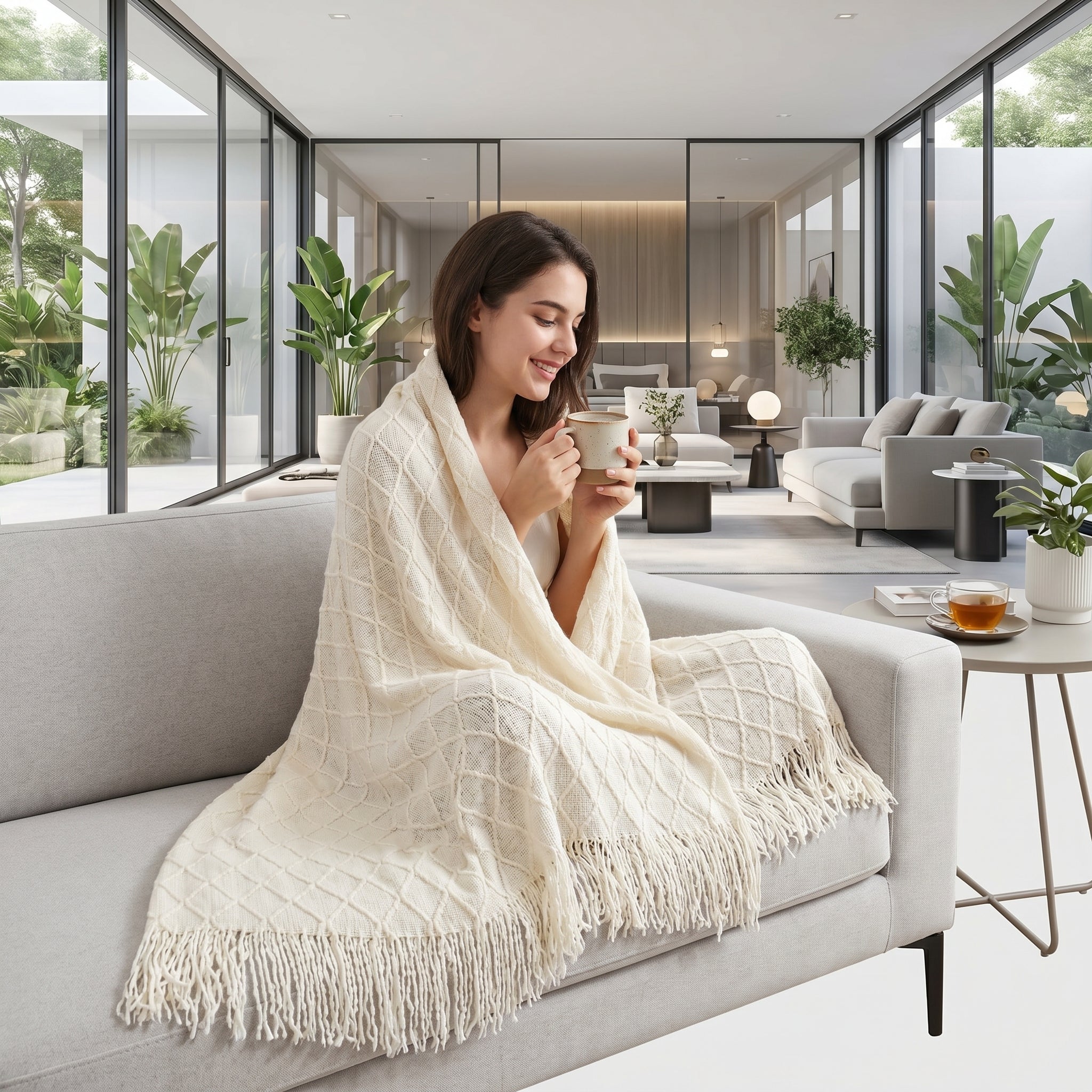 Smiling woman wrapped in a cozy cream knit throw blanket with tassels, holding a mug on a modern sofa.