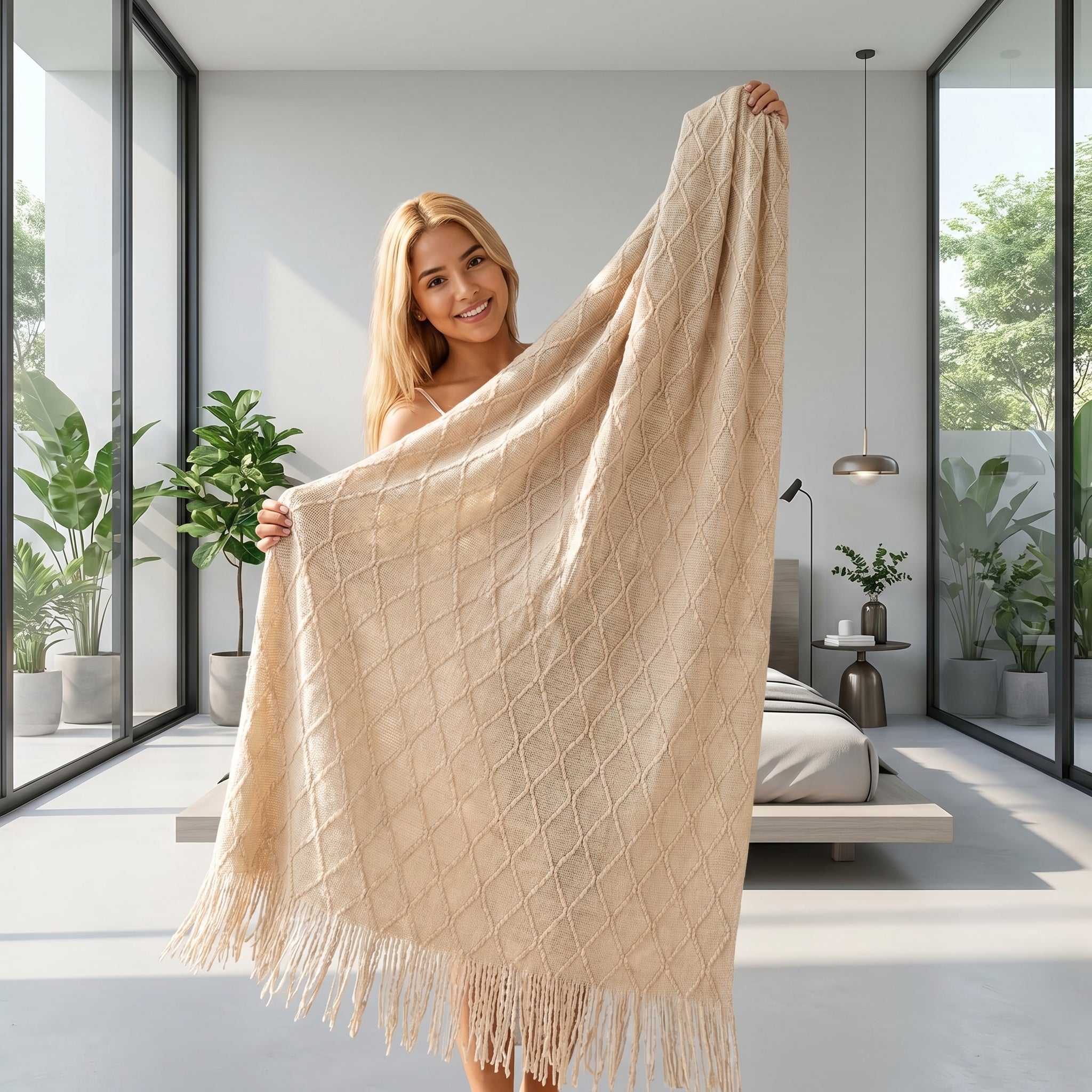 Smiling woman holding a beige plaid knit throw blanket with tassels in a bright room.
