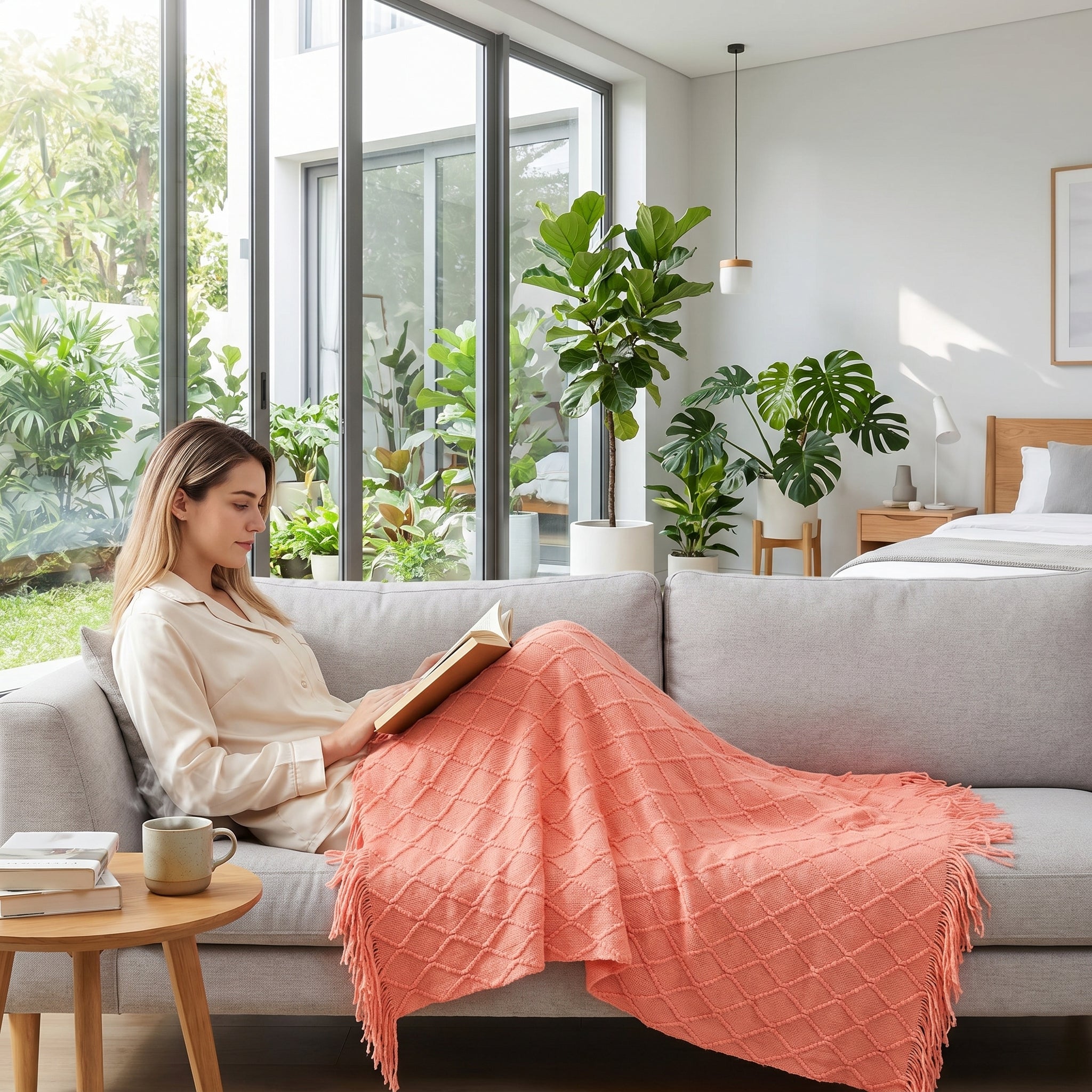 Woman on a sofa covered by a coral plaid knit blanket with tassels, reading a book.
