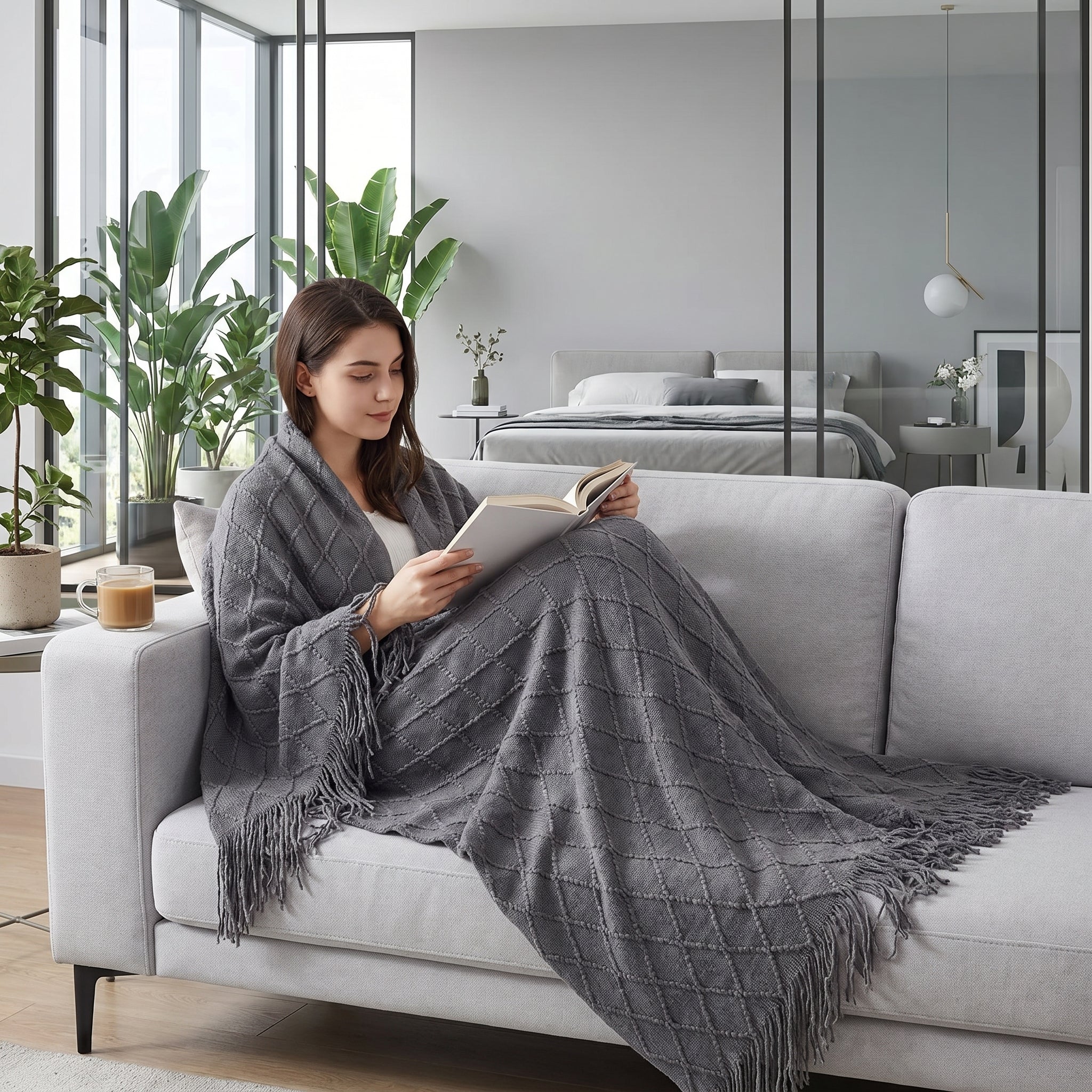 Woman wrapped in a cozy grey plaid knit blanket with tassels, reading on a light sofa.