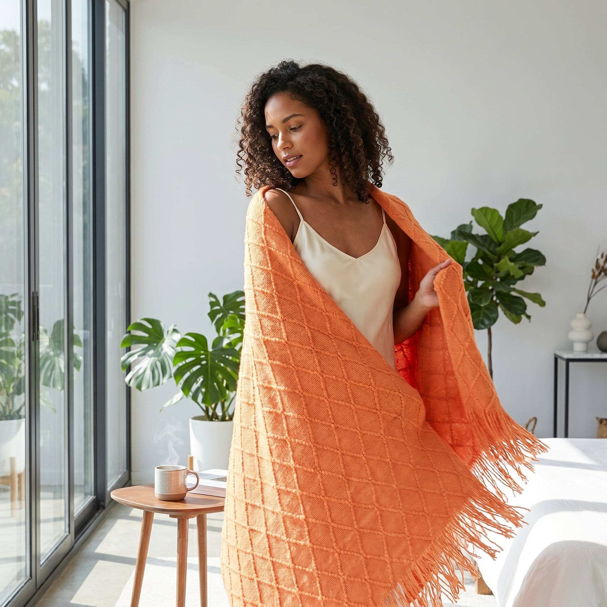 Woman wrapped in an orange knitted throw blanket with diamond pattern and tassels.