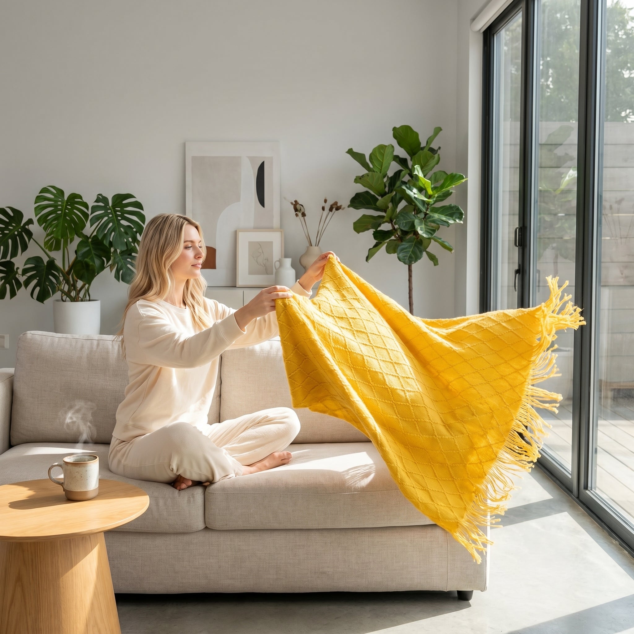 Woman holding a bright yellow plaid knit throw blanket with tassels on a light sofa.