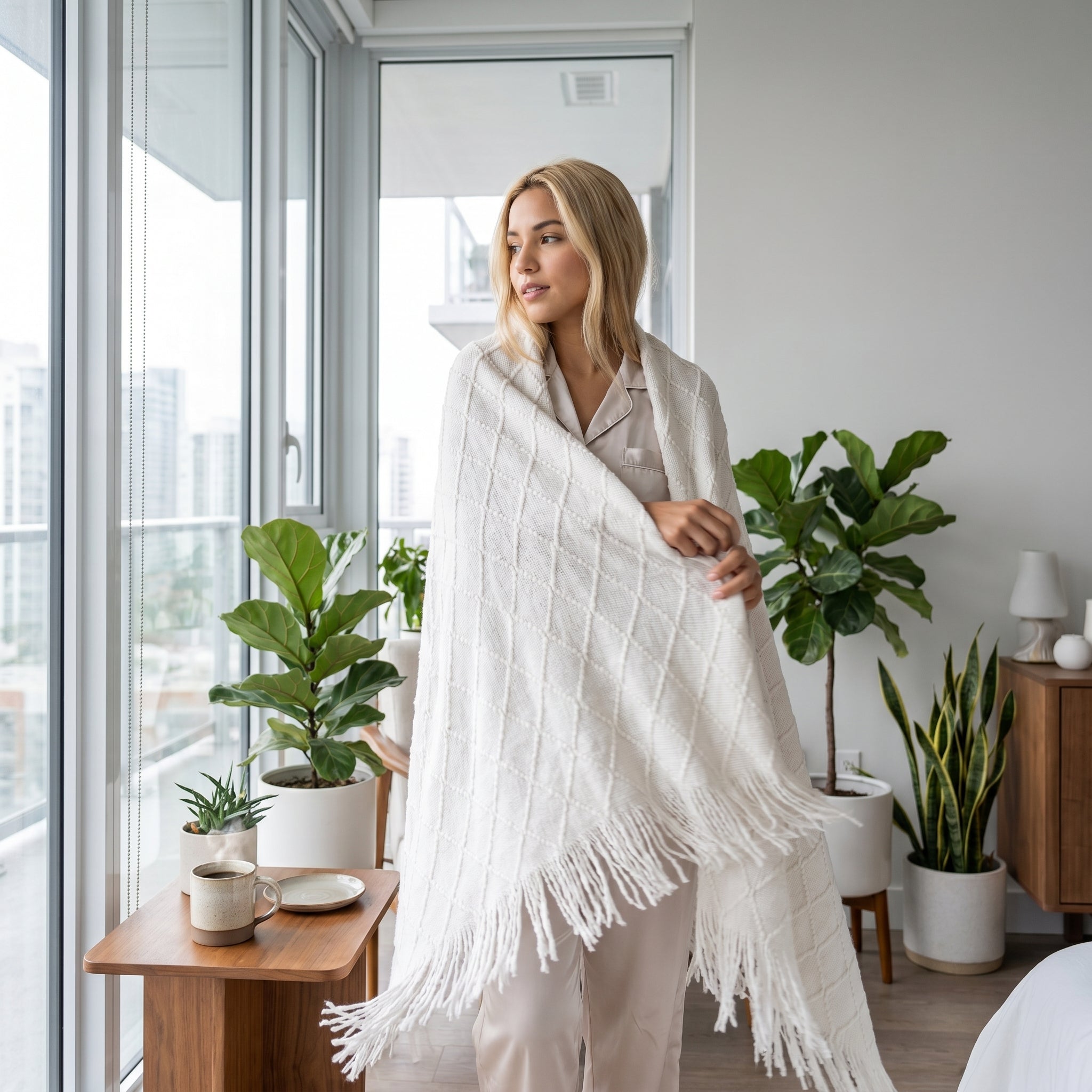 Blonde woman wrapped in a cozy white knitted throw blanket with tassels, standing by a window.