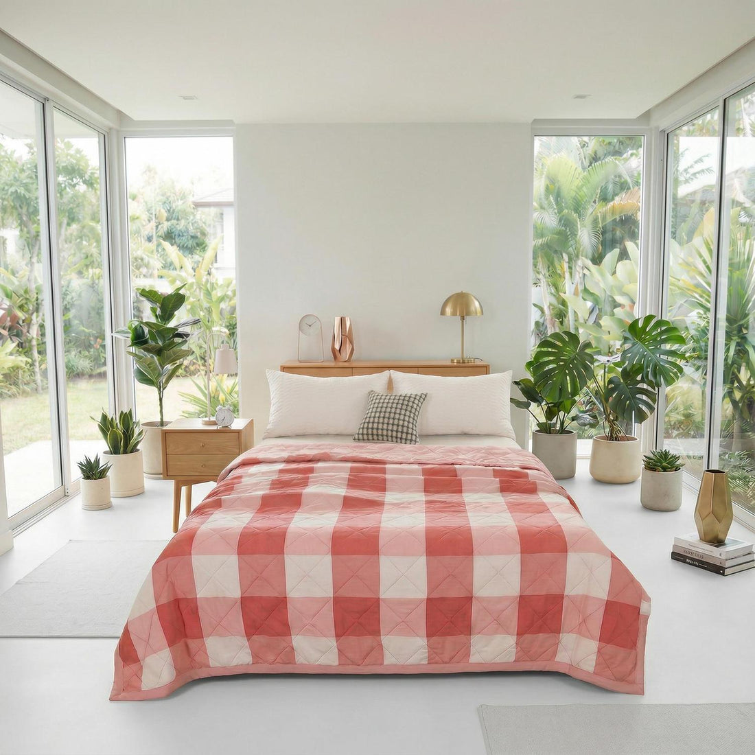 Red and white plaid lightweight polyester summer quilt on a bed with a woman sleeping.