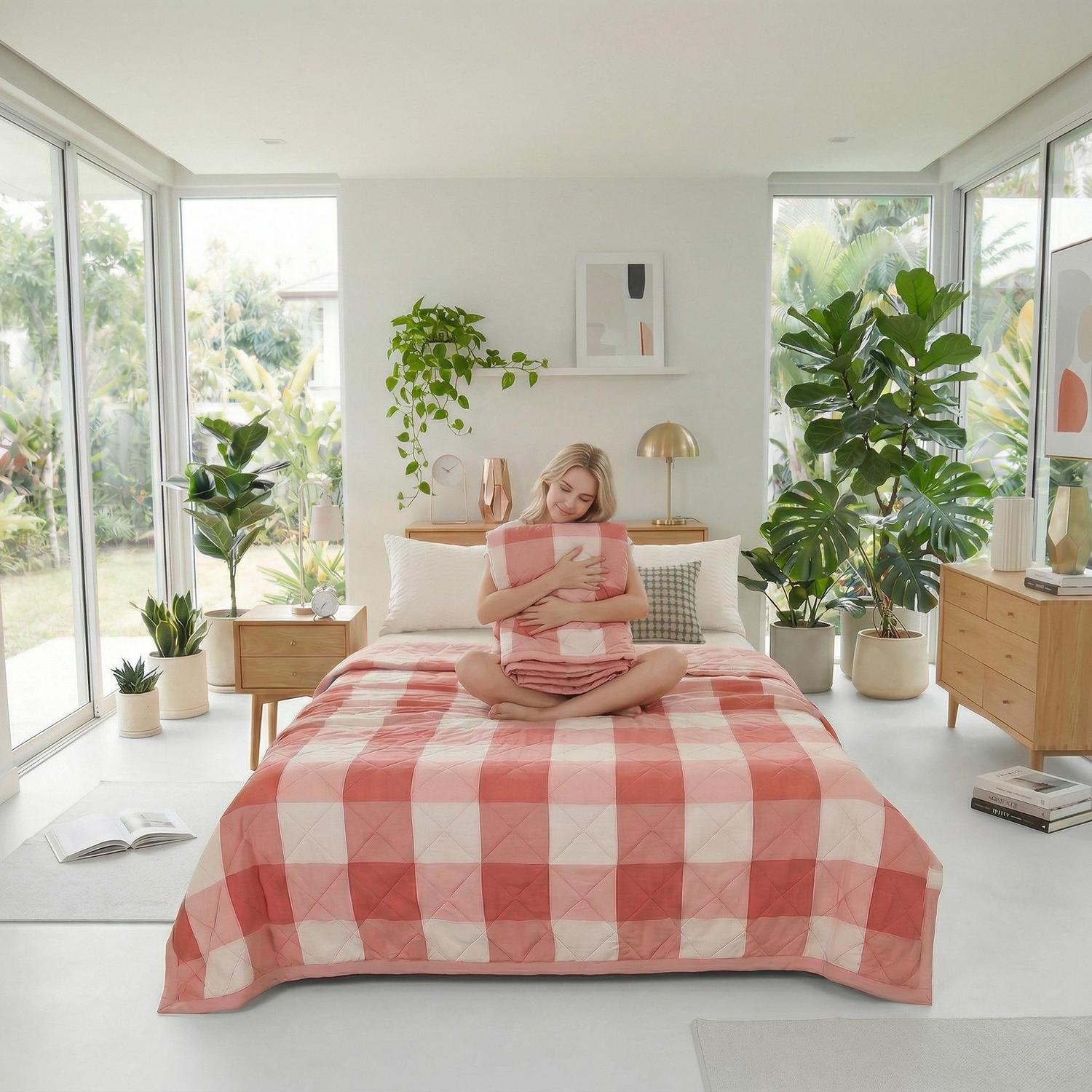 Blonde woman on a bed with a pink and white plaid lightweight summer quilt, holding a matching pillow.