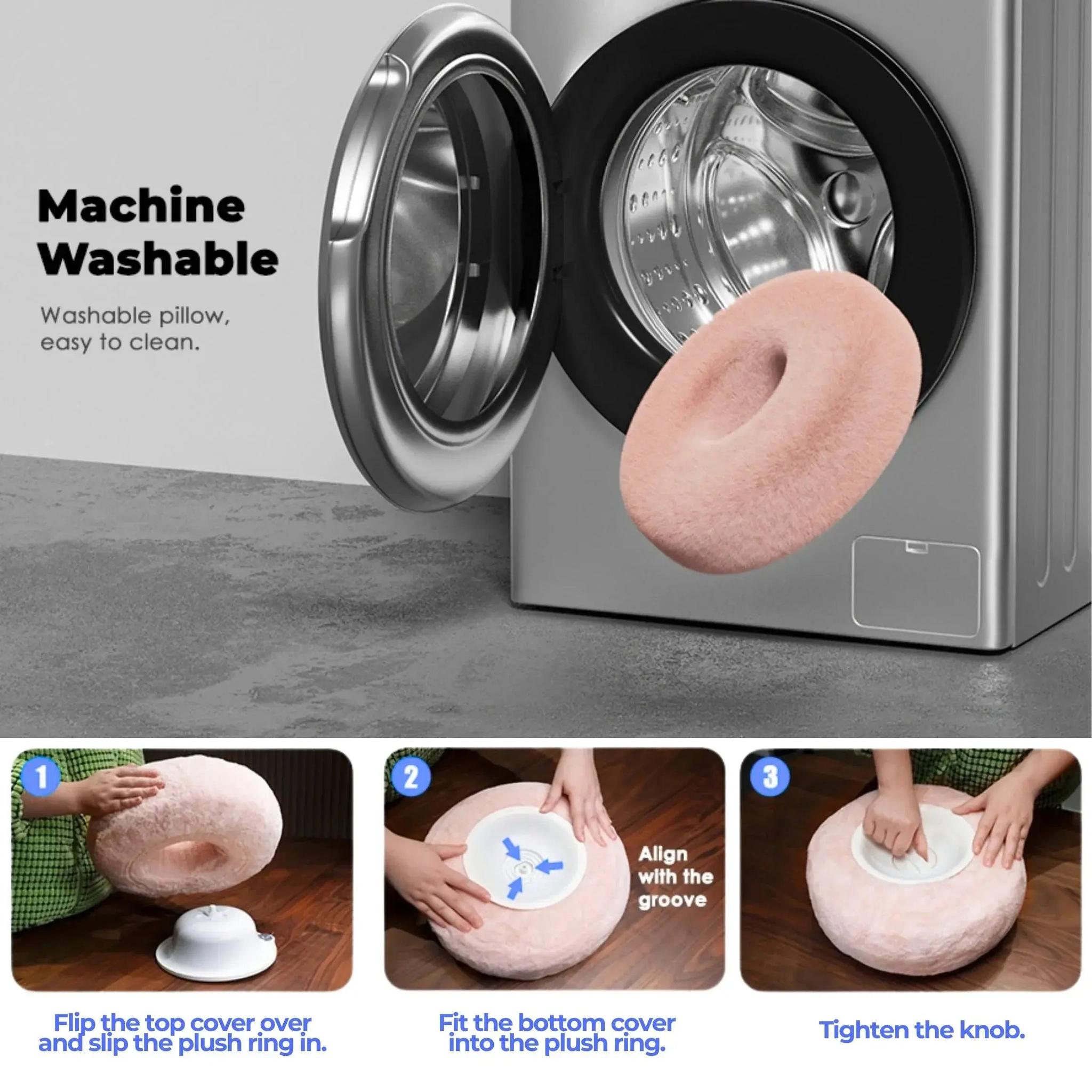 Pink plush device pillow stand shown being assembled and placed in a washing machine.