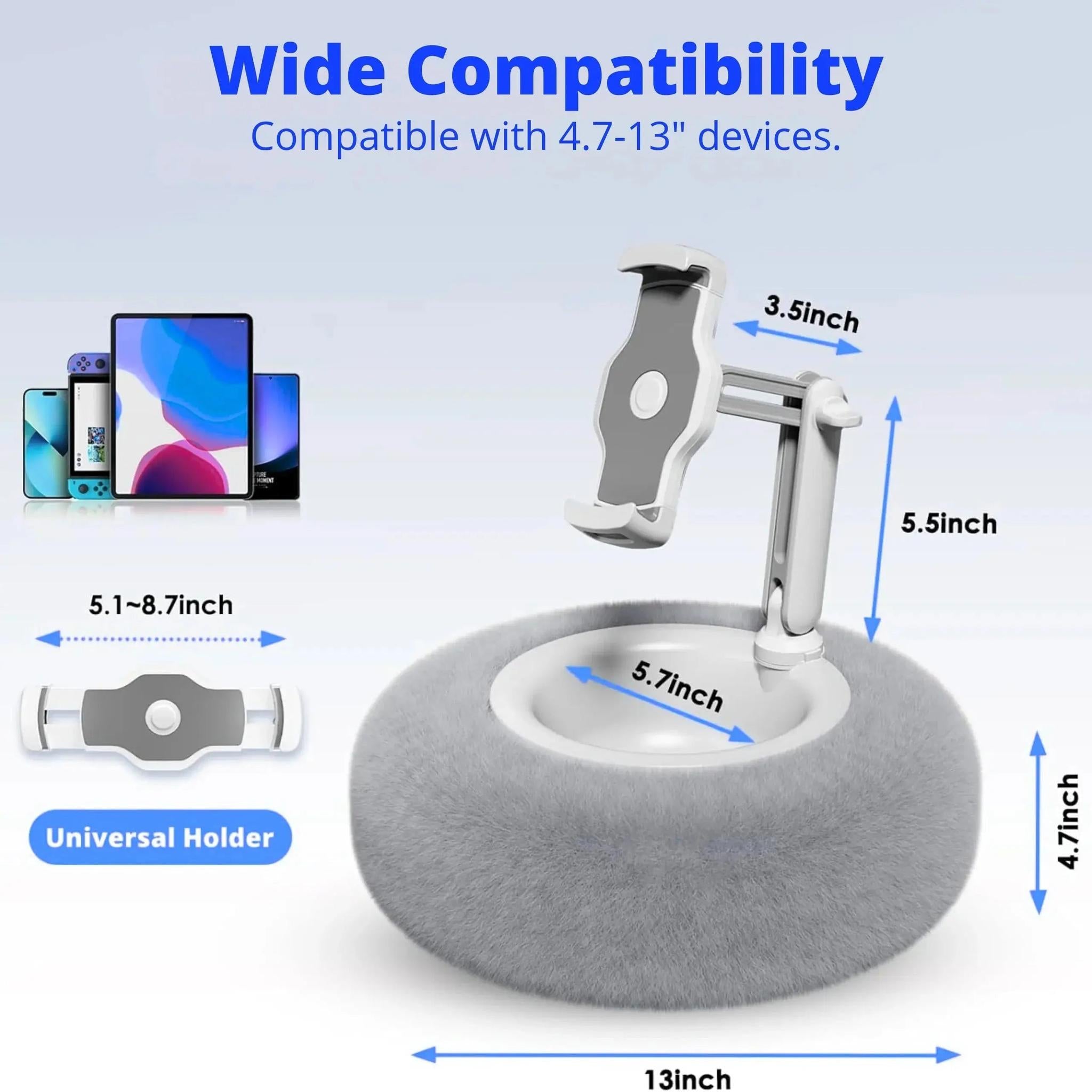 Gray plush adjustable device pillow stand with a white flexible arm and universal holder, showing dimensions.