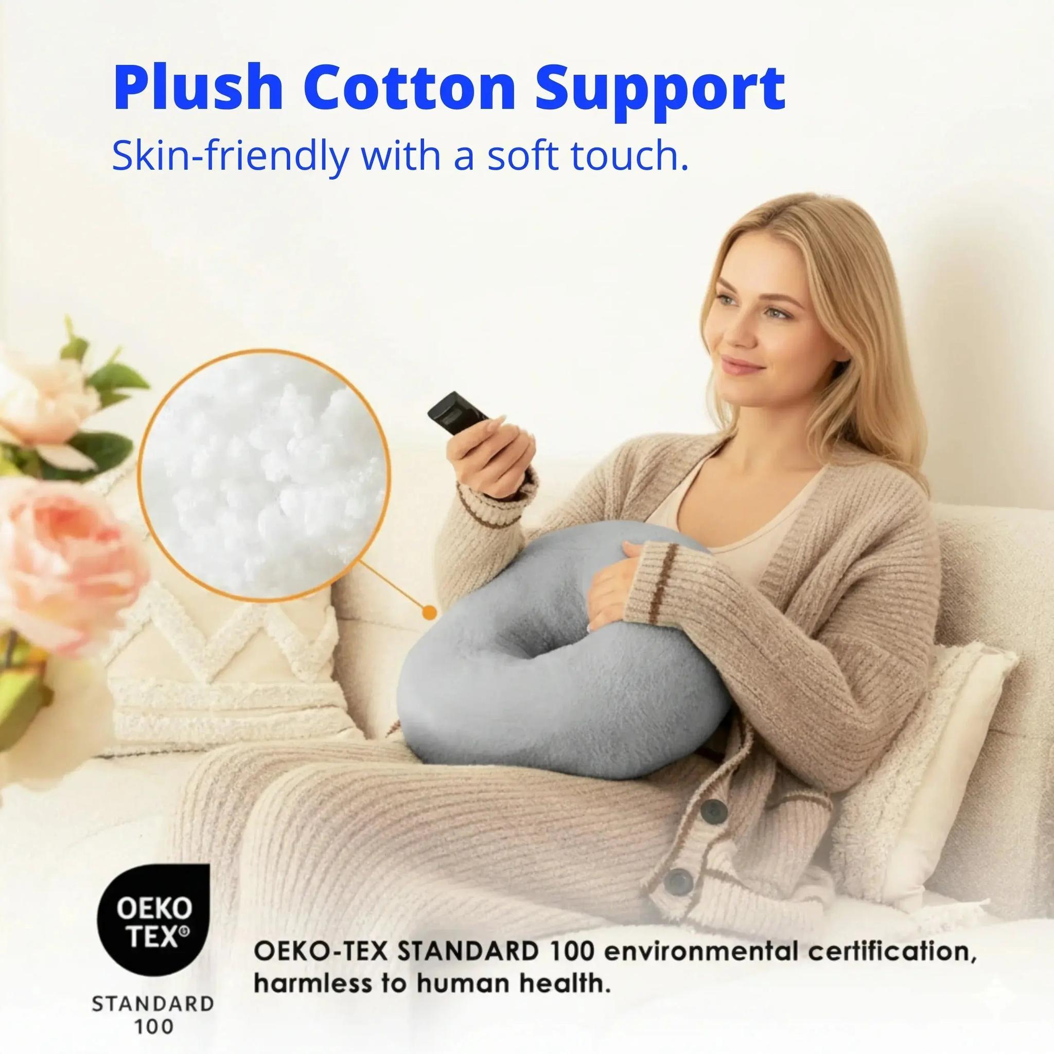 Woman relaxing on a sofa, holding a light gray plush device pillow stand, with a close-up of its soft cotton filling.