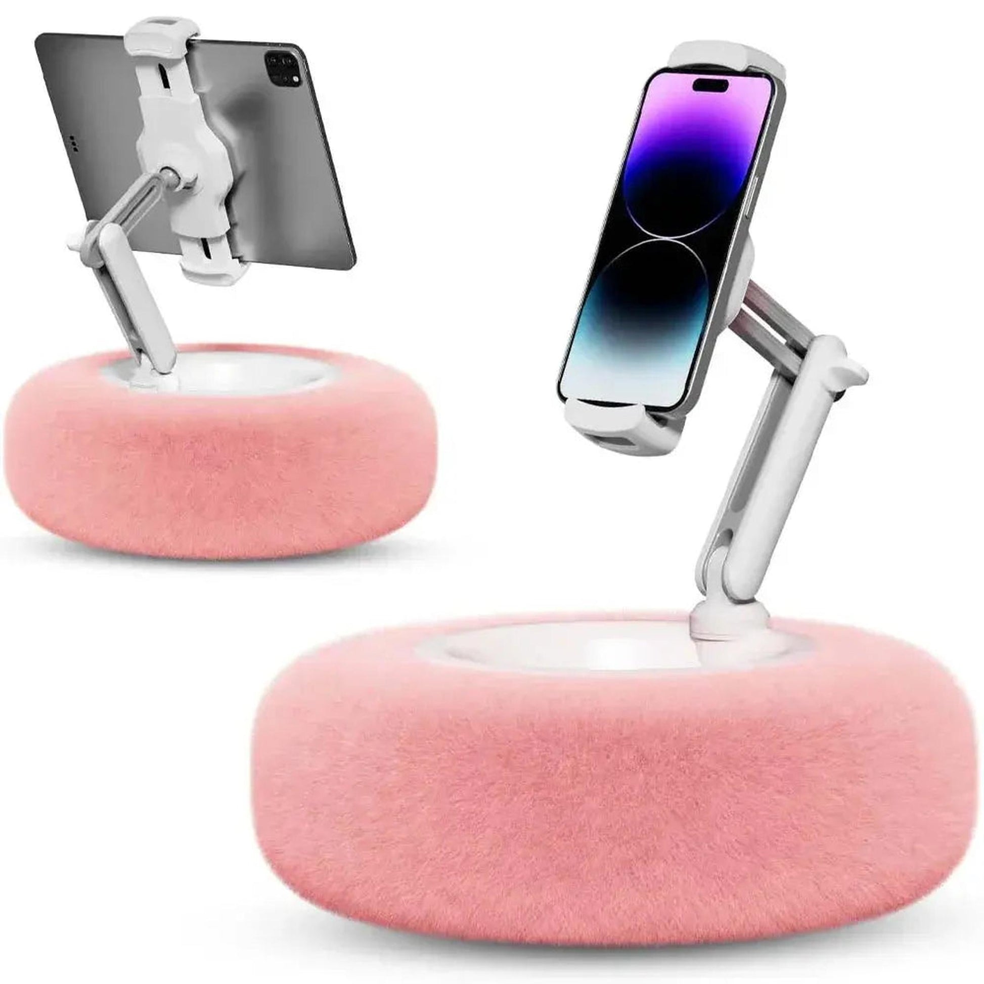 Pink plush adjustable device pillow stand holding a tablet and a phone, showing flexible white arms.