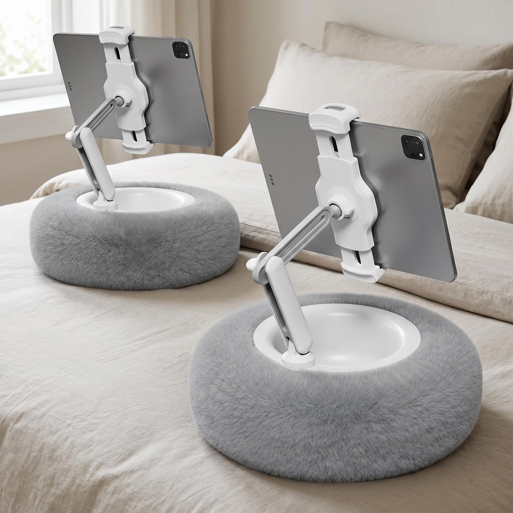 Two gray plush adjustable device pillow stands with white tablet holders on a bed.
