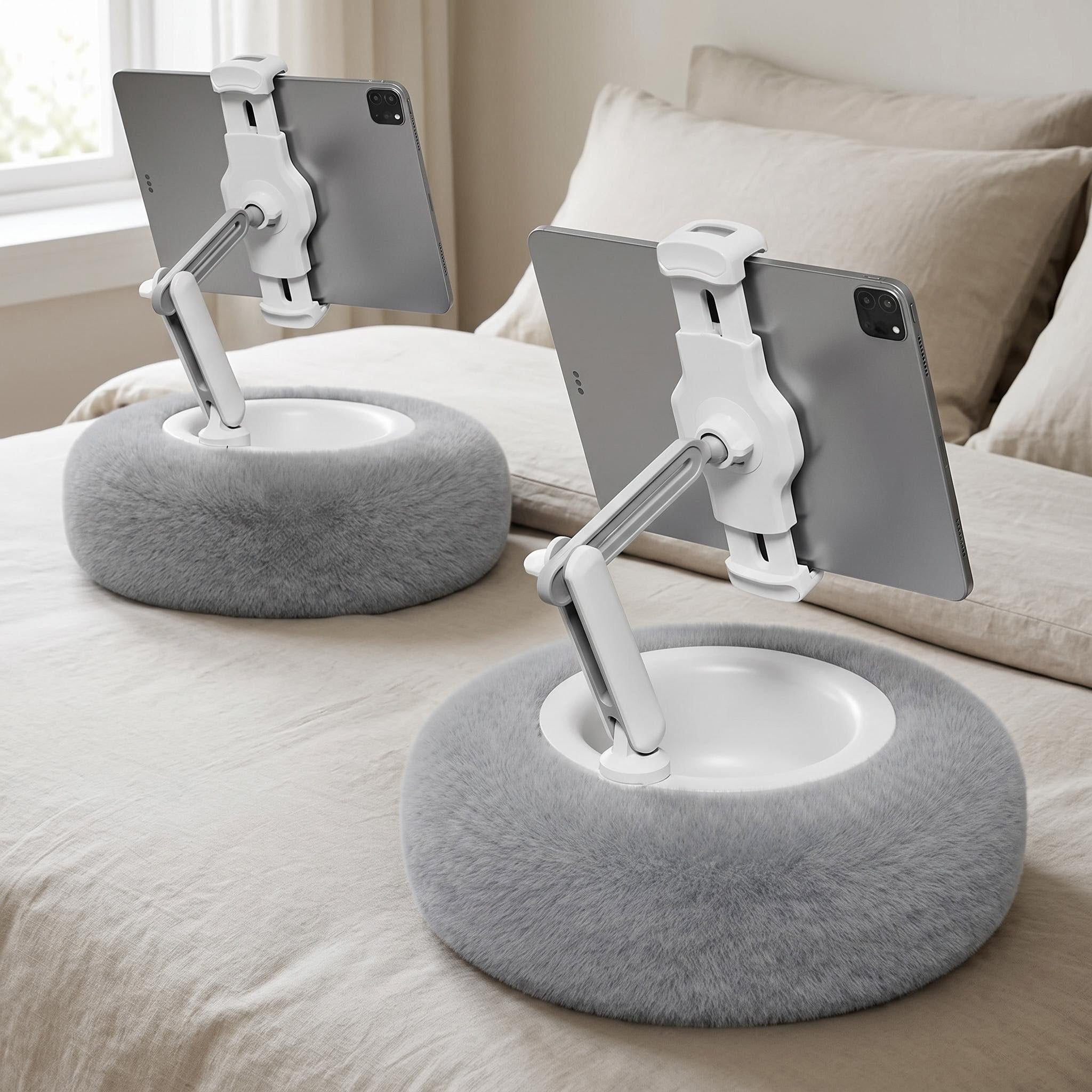 Two gray plush adjustable device pillow stands with white tablet holders on a bed.