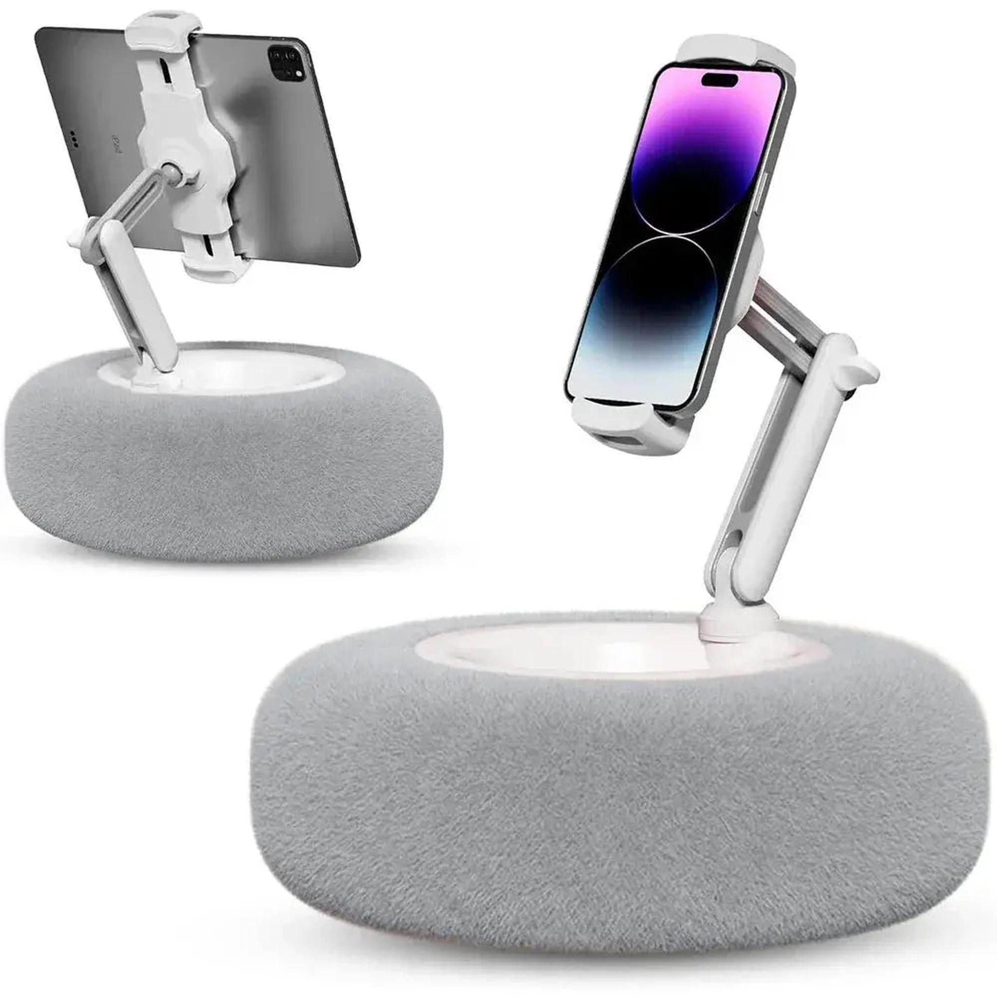 Gray plush adjustable device pillow stand holding a tablet and a phone.