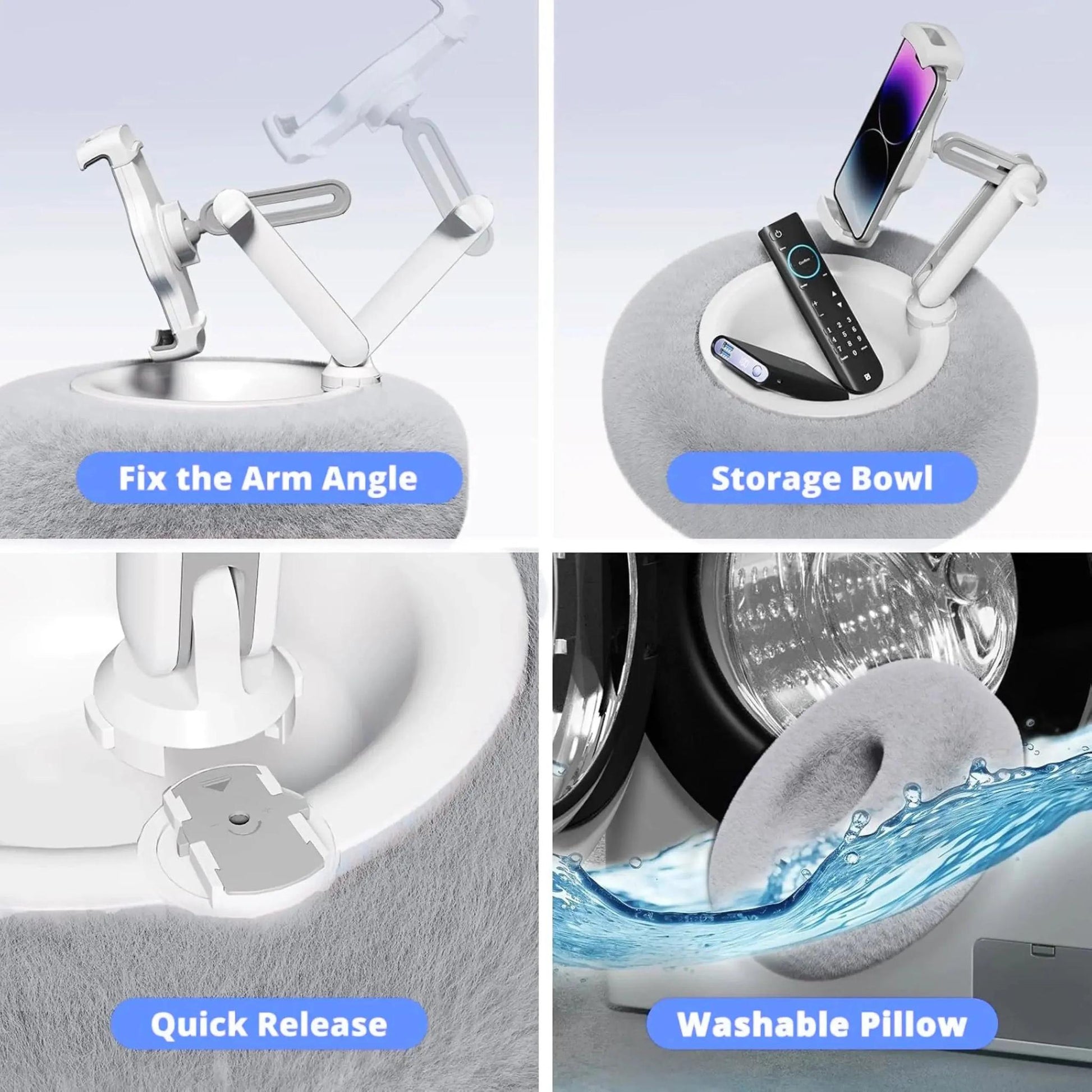 Gray plush adjustable device pillow stand with flexible arm, storage bowl, quick release, and washable design.