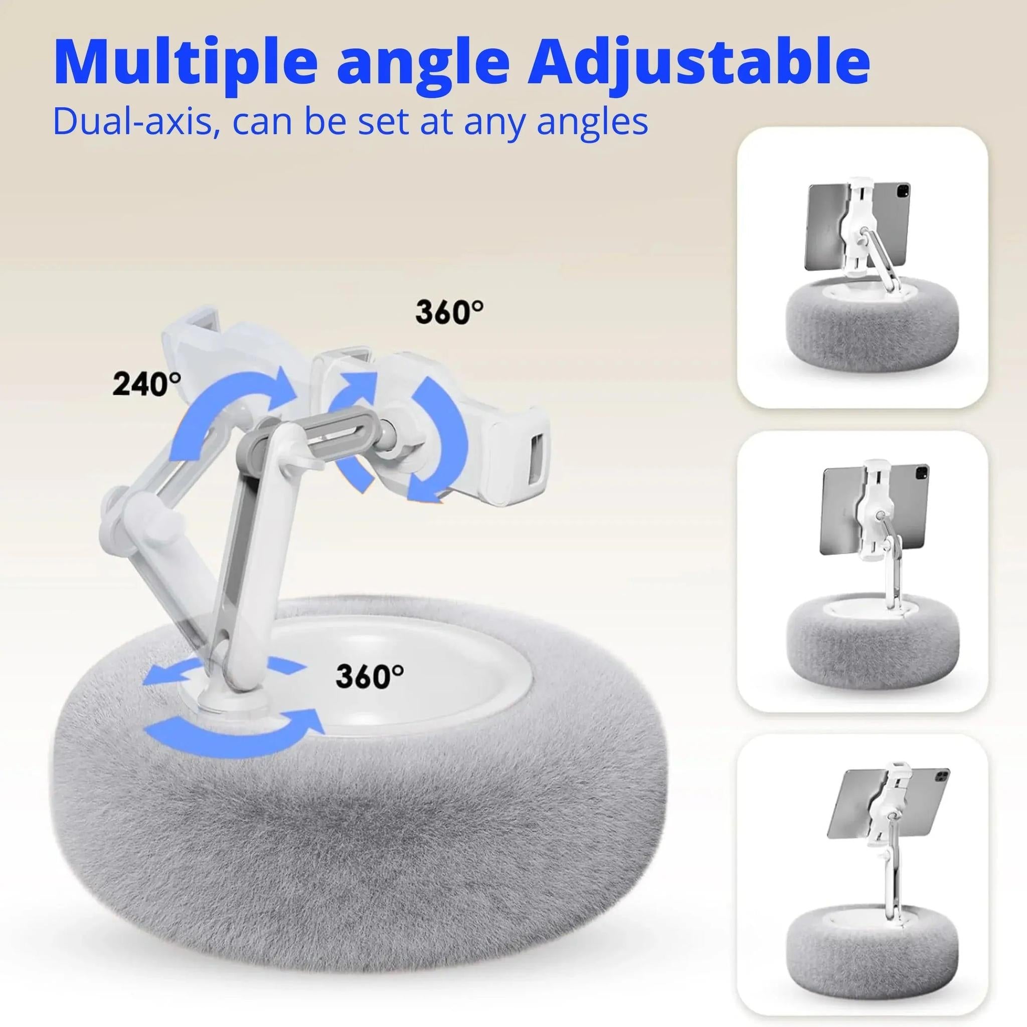Gray plush adjustable device pillow stand with a white multi-angle arm holding a tablet.