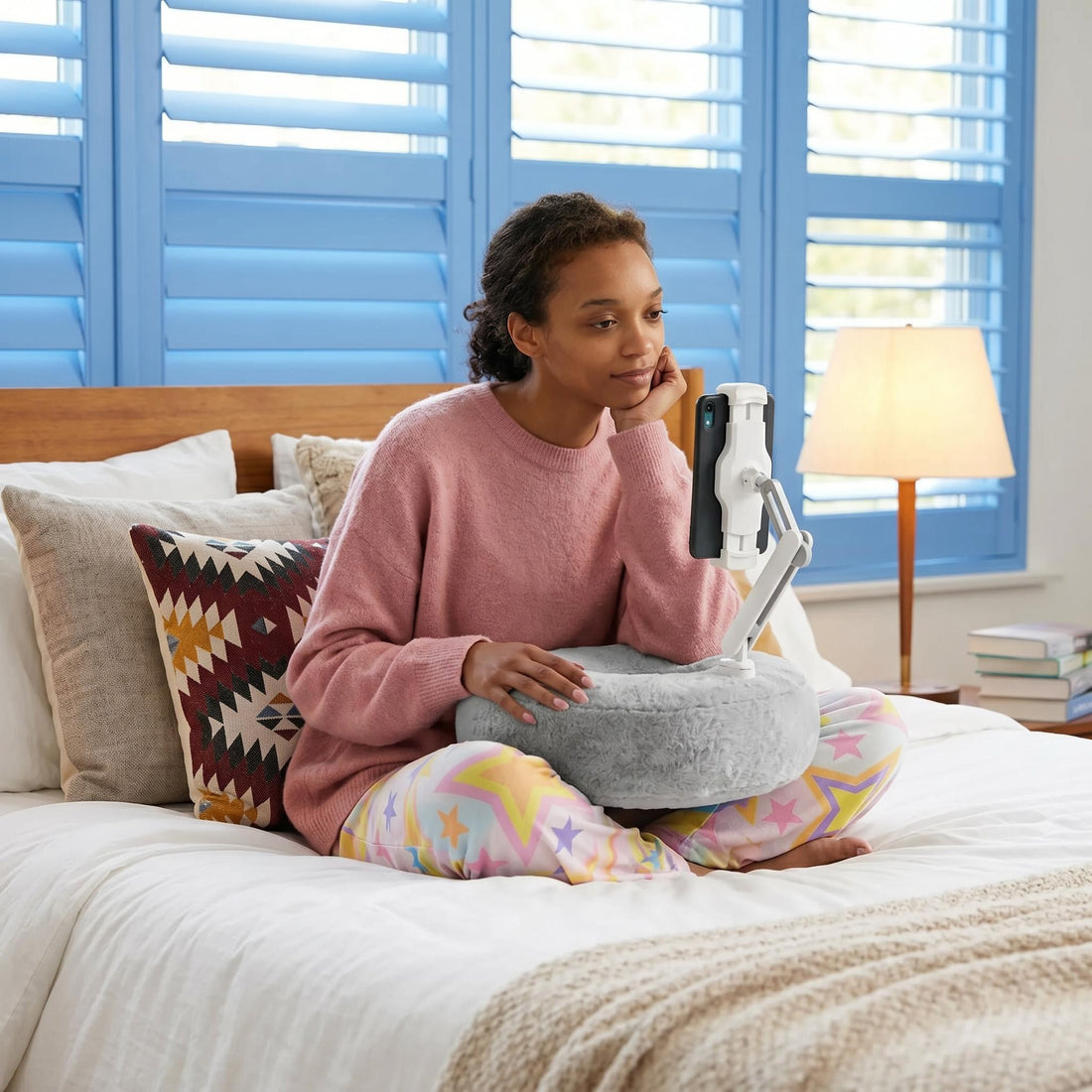Woman watching phone on a gray plush adjustable device pillow stand in bed.