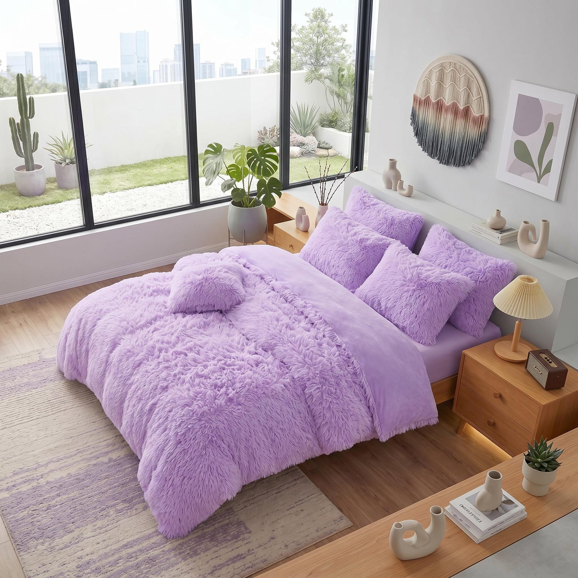 Lavender reversible faux fur and velvet duvet cover set with pillows on a modern bed.