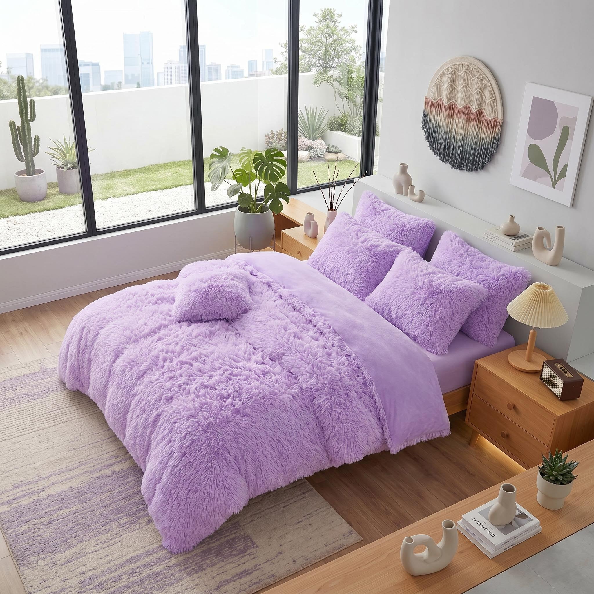 Lavender reversible faux fur and velvet duvet cover set with pillows on a modern bed.