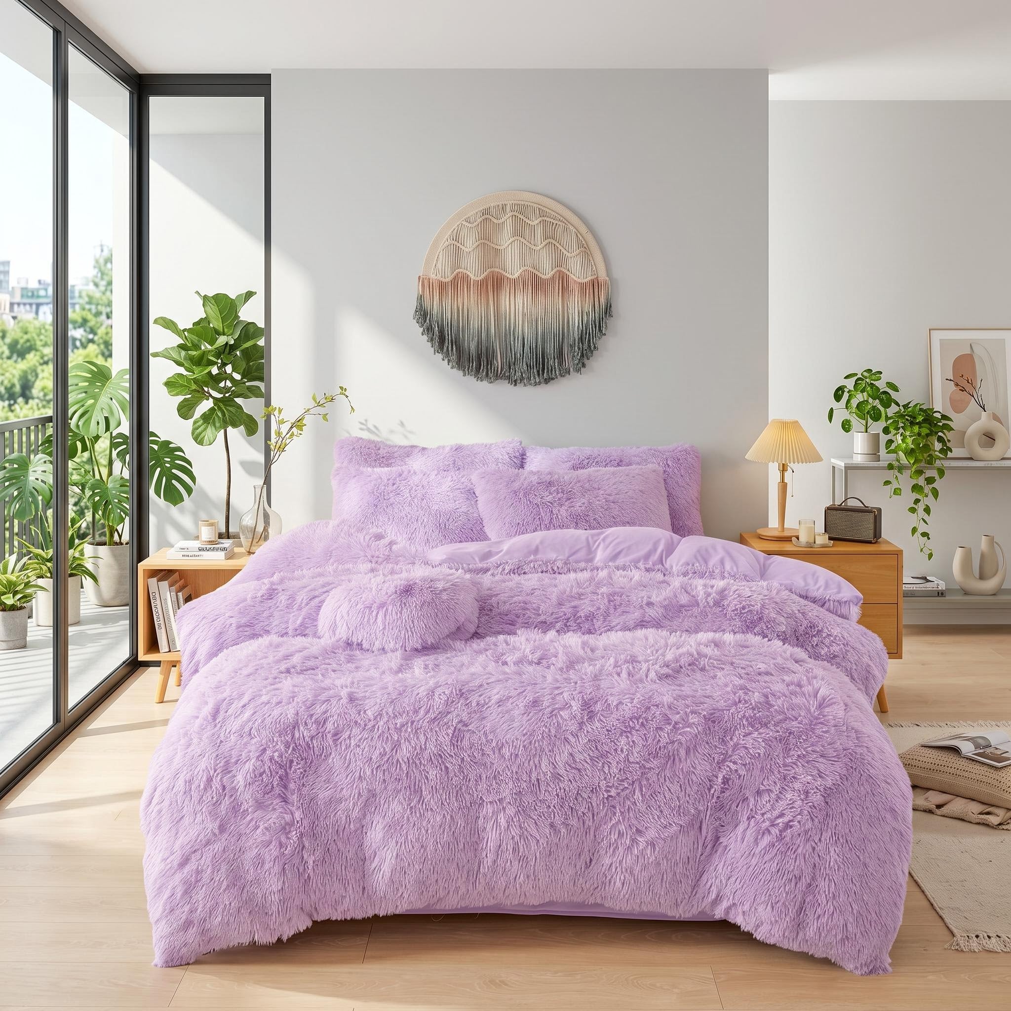 Plush lavender faux fur and velvet reversible duvet cover set on a bed in a modern bedroom.