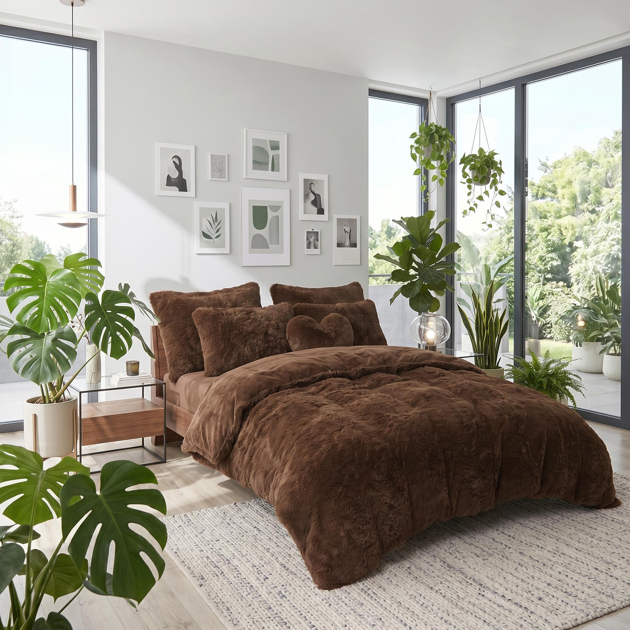 Brown faux fur and velvet reversible duvet cover set on a bed in a bright, modern bedroom.