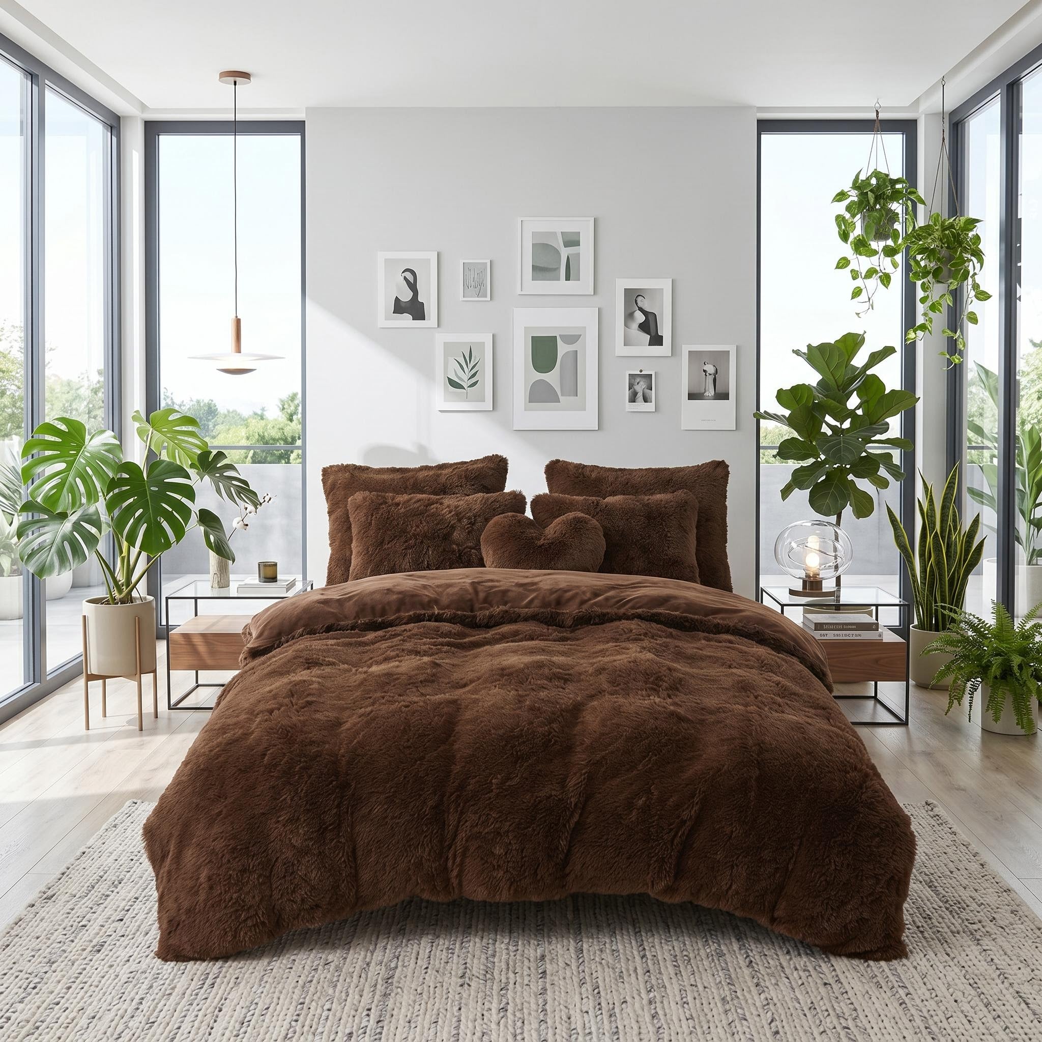 Brown faux fur plush duvet cover set with two pillows and a heart-shaped cushion on a bed in a modern bedroom.