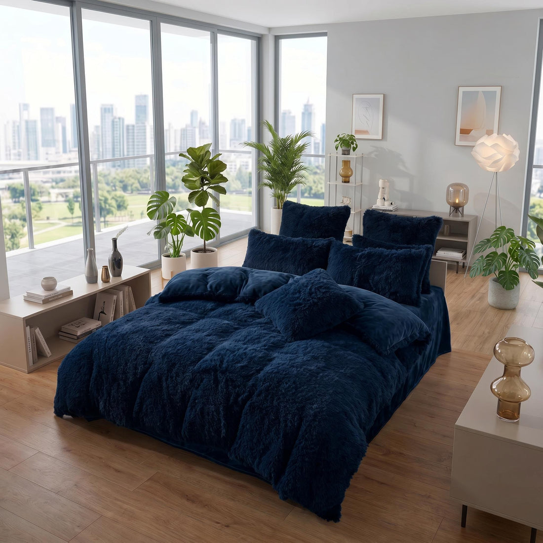 Navy blue reversible faux fur and velvet plush duvet cover set on a bed with a smiling woman.