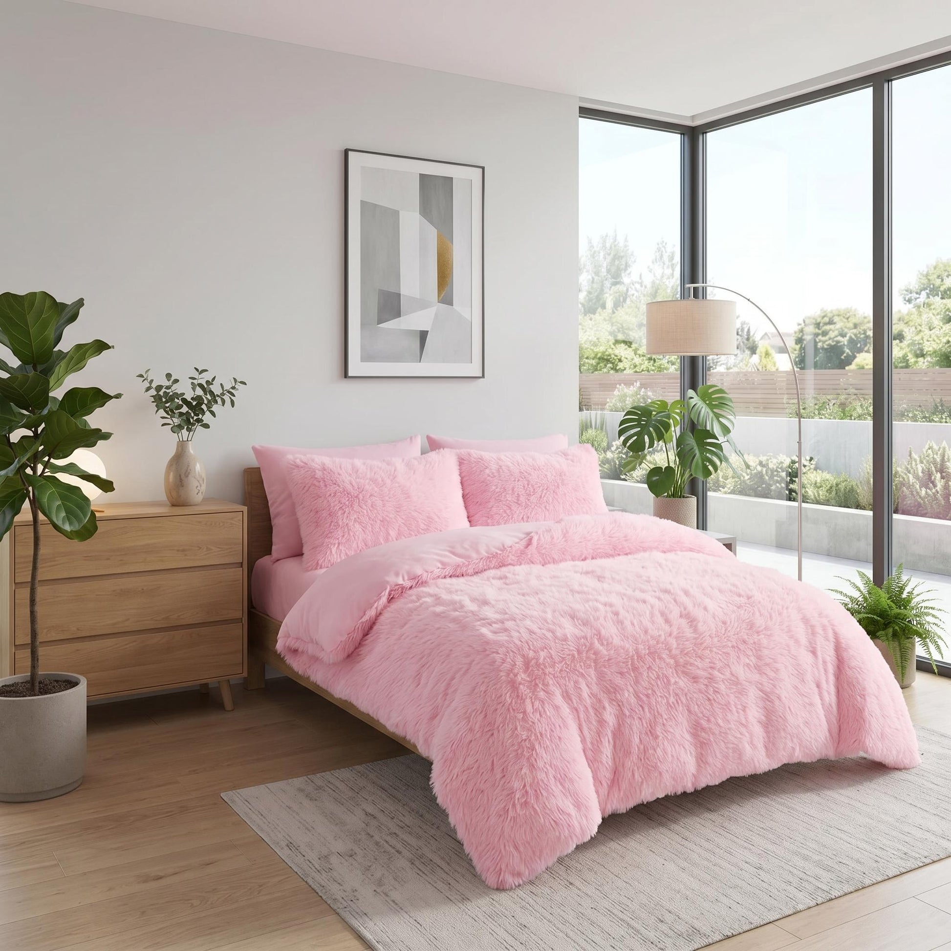 Pink reversible faux fur and velvet plush duvet cover set on a bed in a modern bedroom.