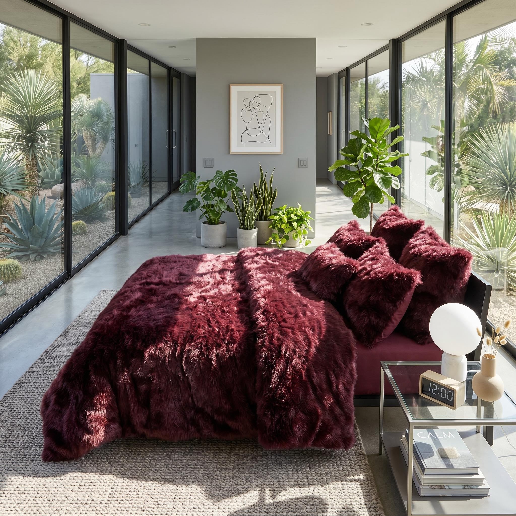 Luxurious burgundy faux fur duvet cover set with pillows on a modern bed in a bright room.