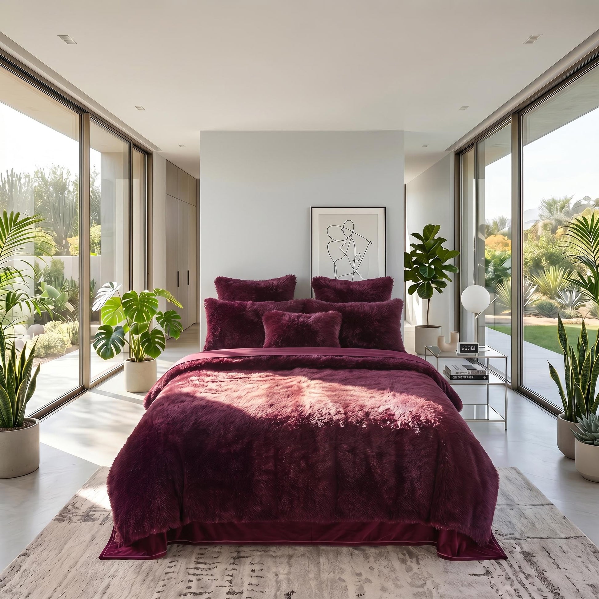 Plush reversible faux fur and velvet duvet cover set in a rich burgundy color, styled on a bed in a modern bedroom.