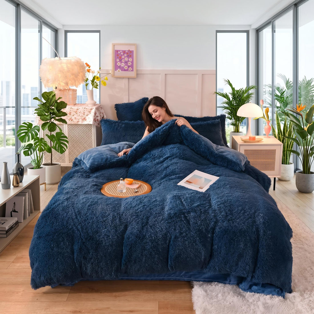Navy blue reversible faux fur and velvet plush duvet cover set on a bed with a smiling woman.