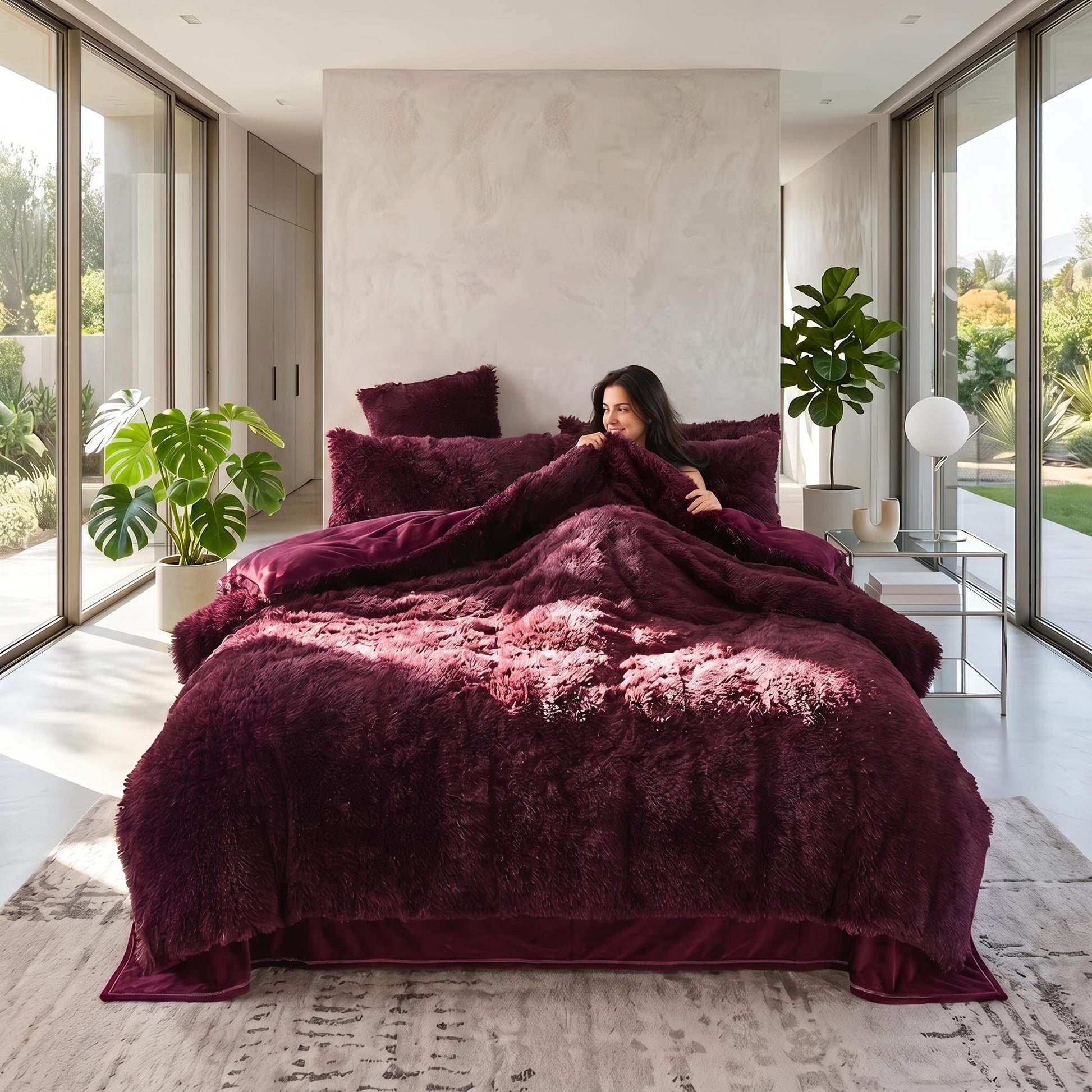 Woman in a modern bedroom, cozy under a reversible plum faux fur and velvet duvet cover set.