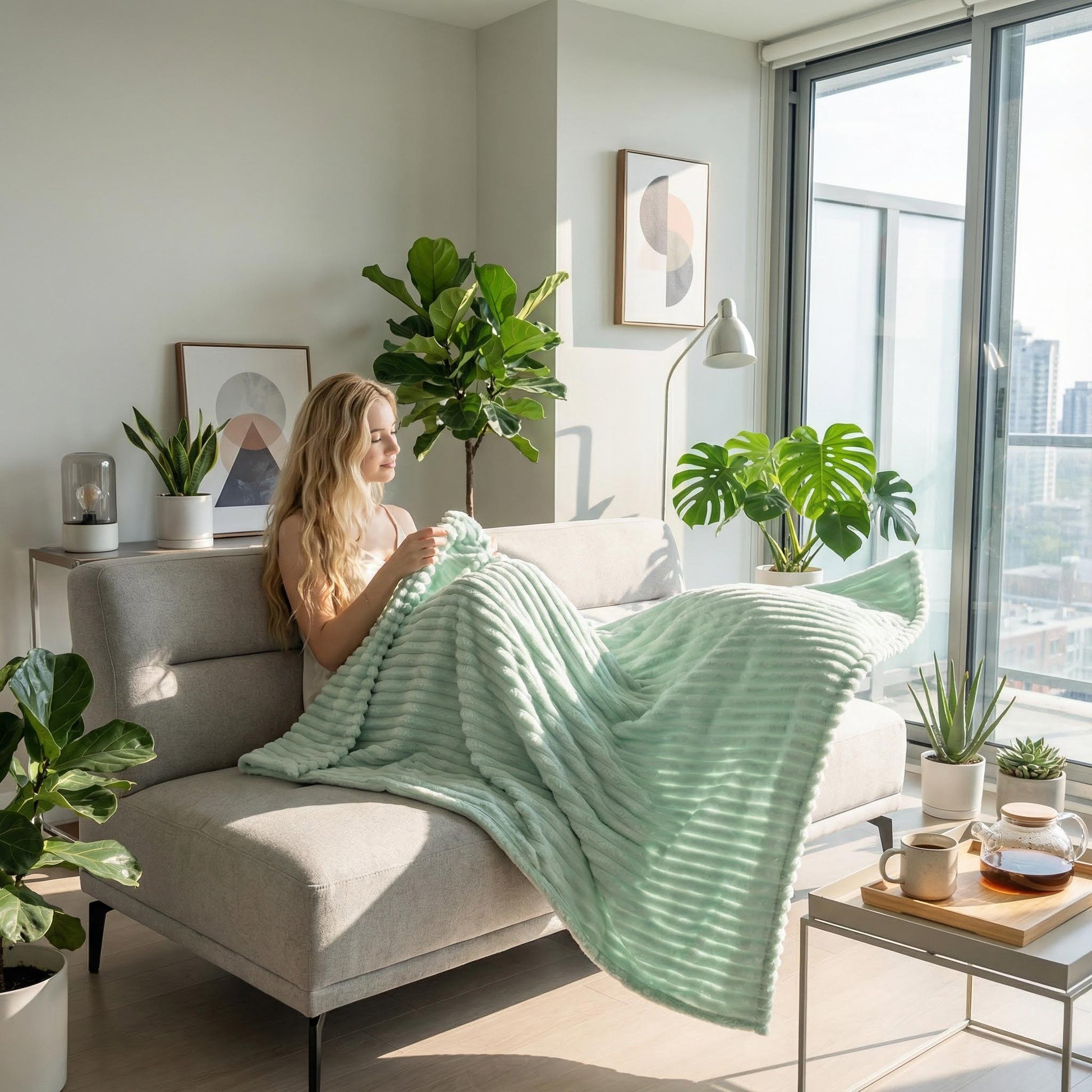 Blonde woman relaxing on a gray sofa, covered by a soft, plush mint green faux fur throw blanket with a striped design.