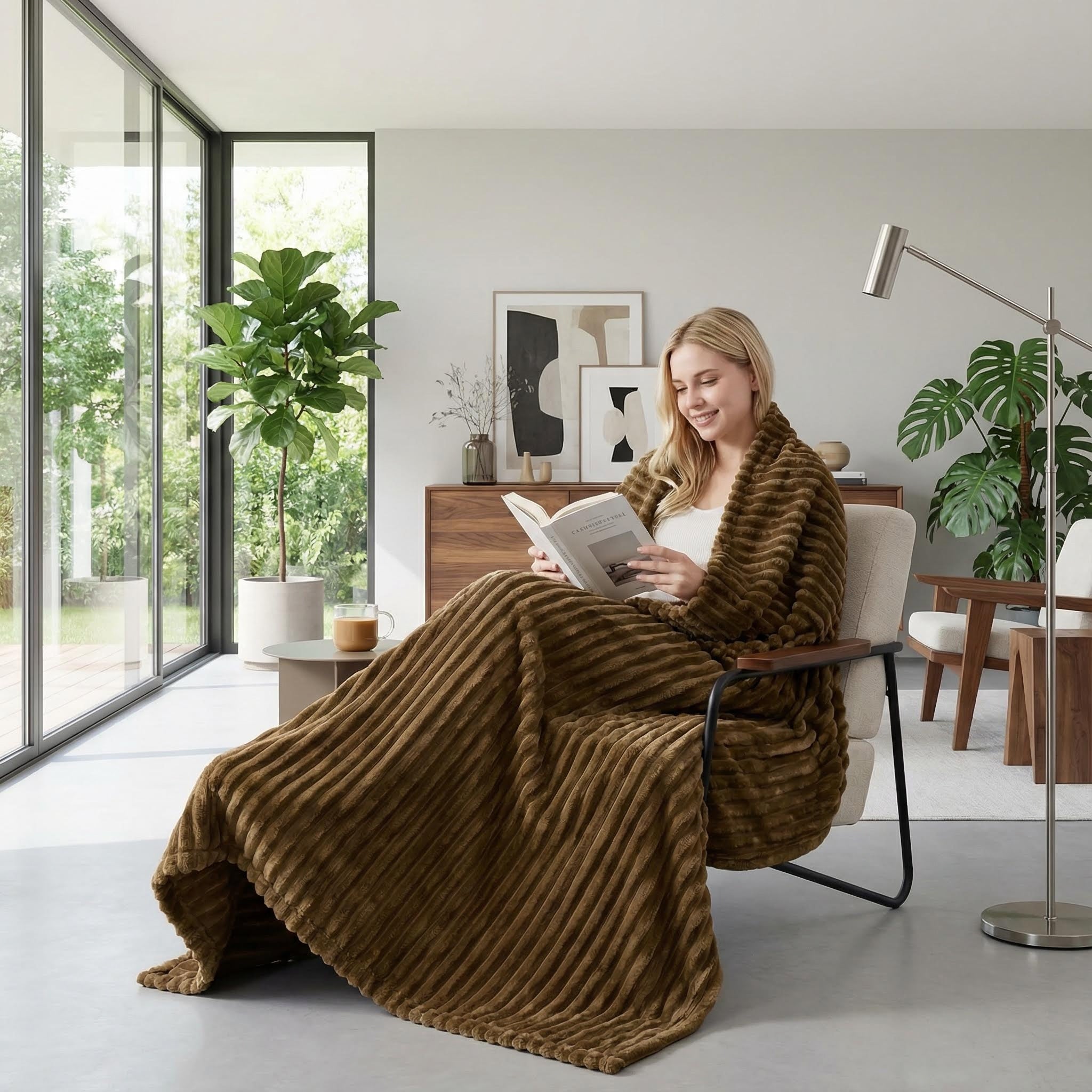 Woman relaxing in a chair, covered by a brown plush faux fur throw blanket with a striped design.