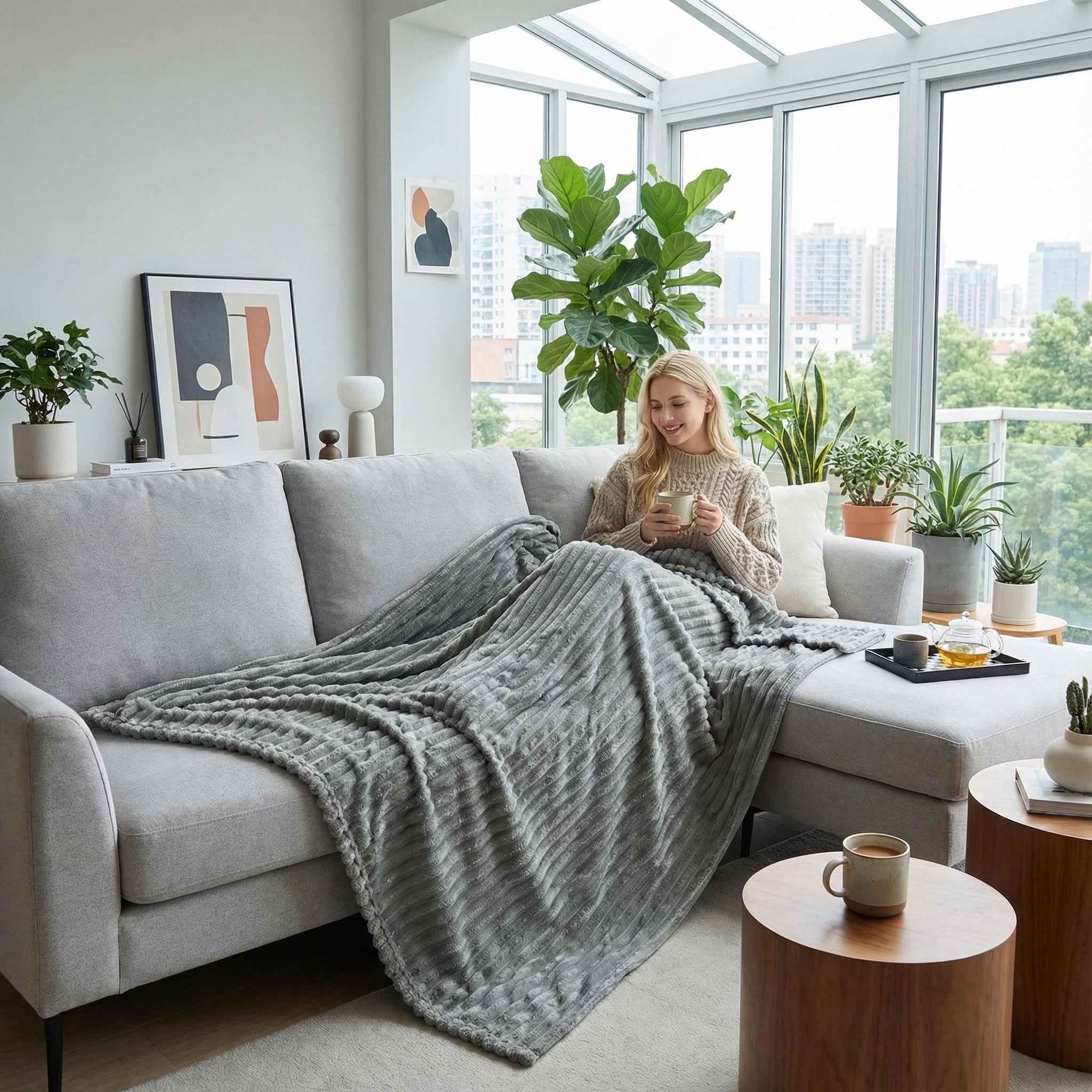 Blonde woman on a gray sofa covered with a soft, striped gray faux fur throw blanket, holding a mug.
