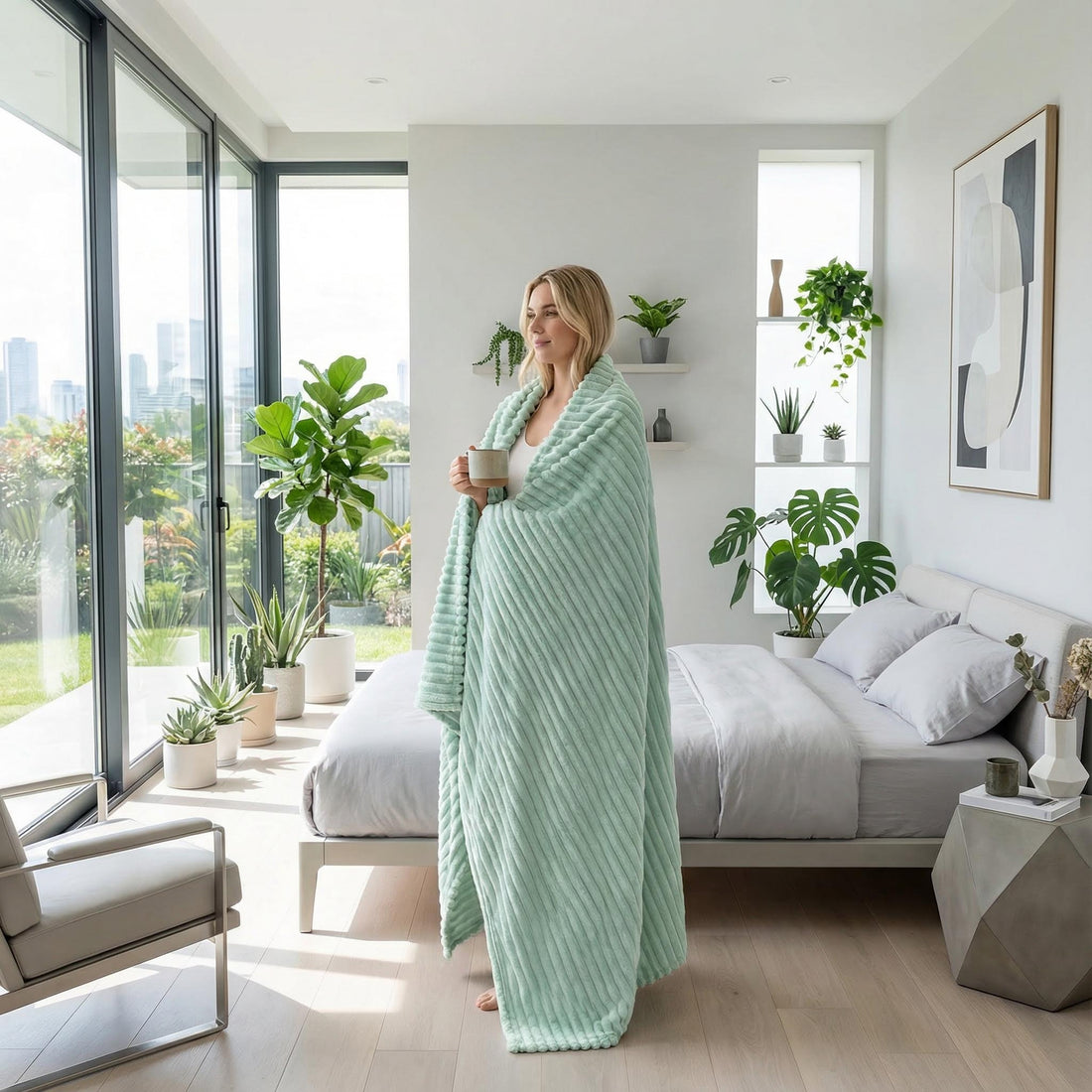 Blonde woman wrapped in a mint green plush faux fur throw blanket with a striped design, holding a mug in a modern bedroom.