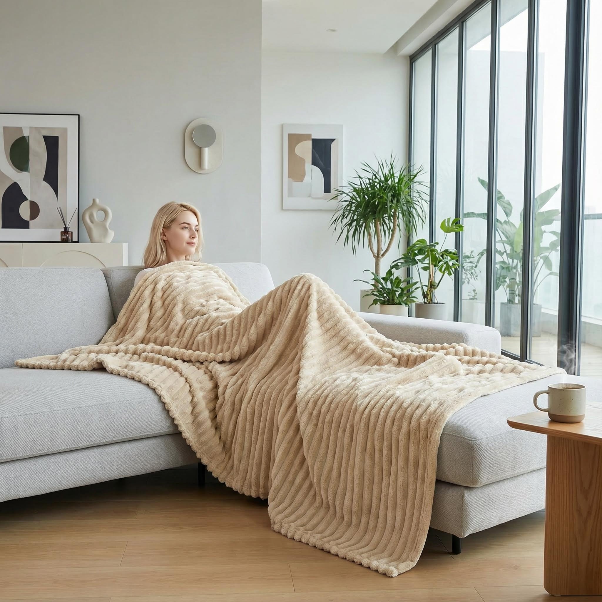 Blonde woman relaxing on a gray couch, covered by a beige plush faux fur throw blanket with a striped design.