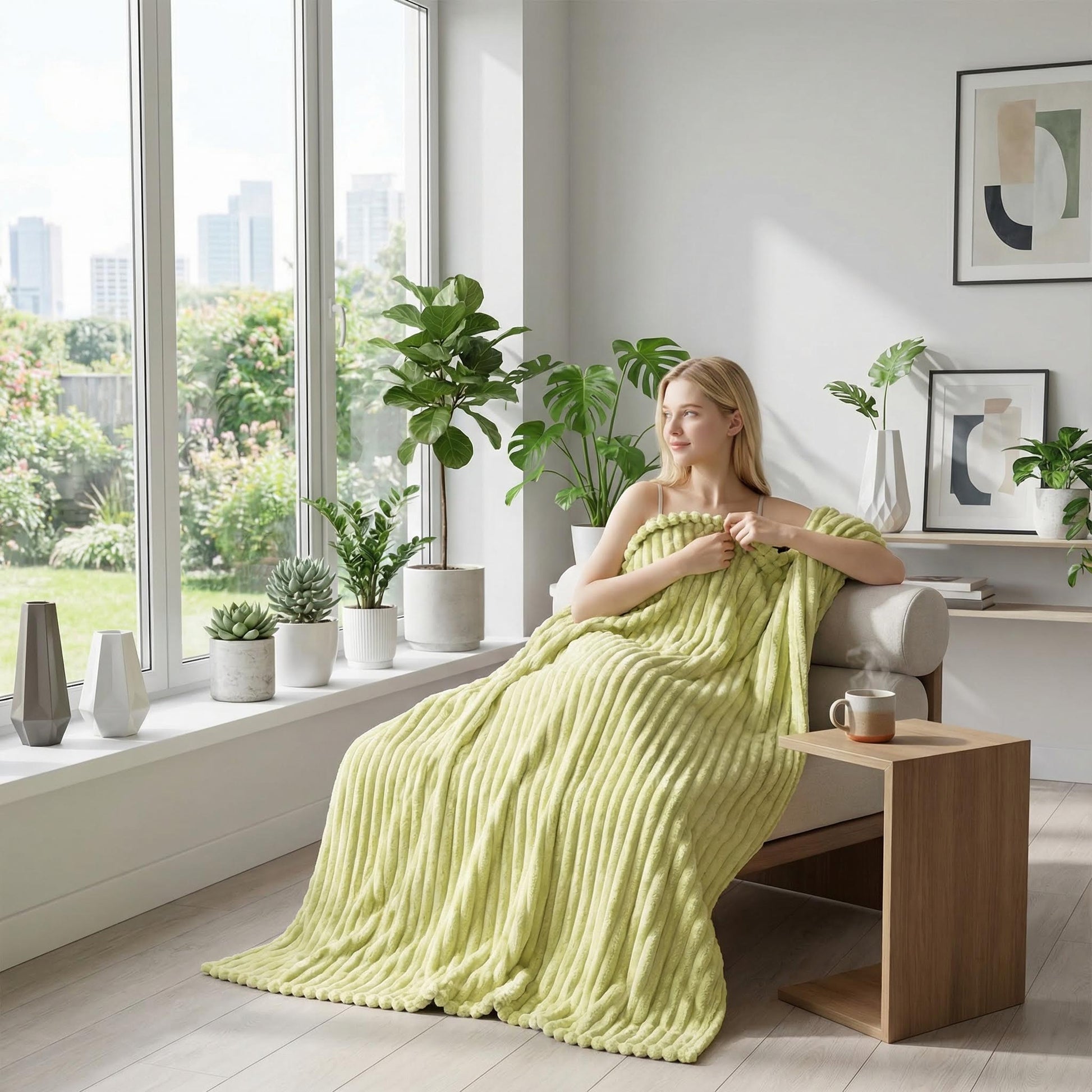 Blonde woman relaxing on a couch, wrapped in a soft, light green striped faux fur throw blanket.