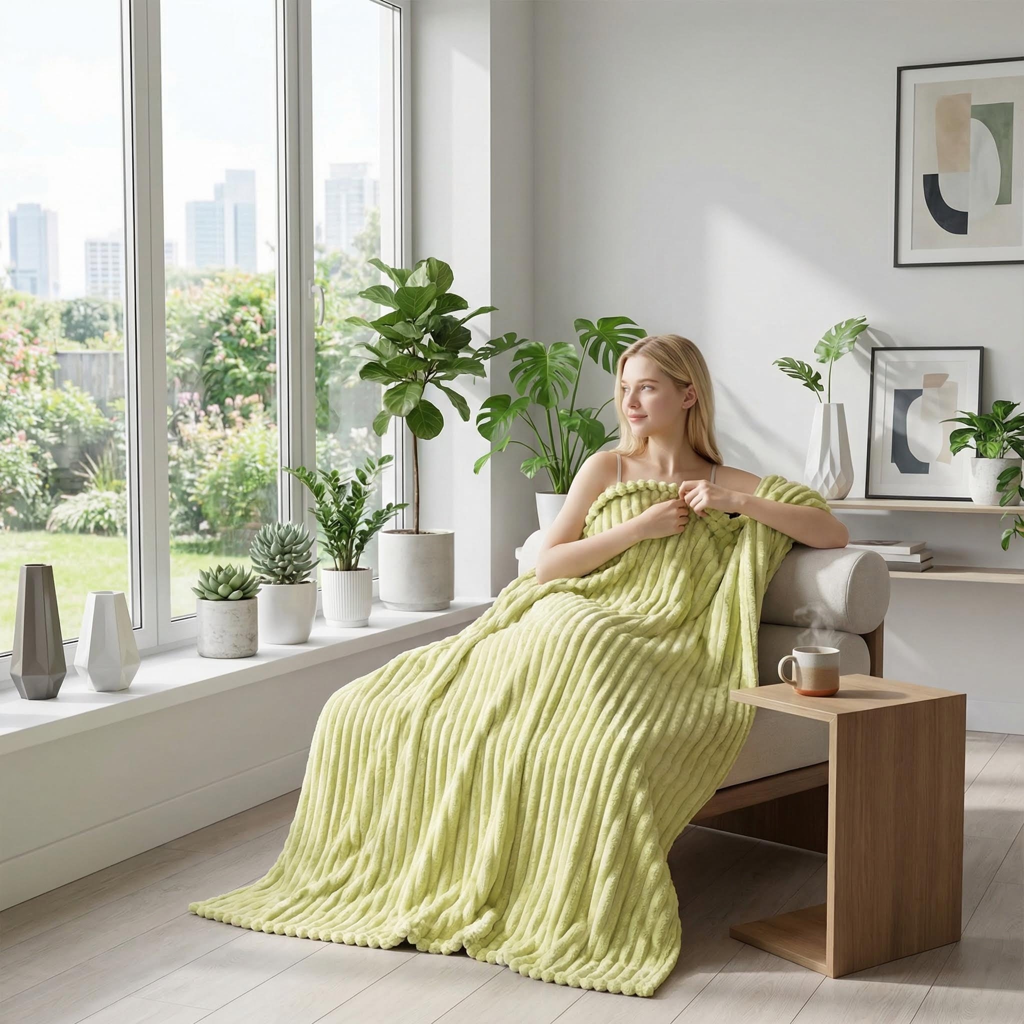 Blonde woman relaxing on a couch, wrapped in a soft, light green striped faux fur throw blanket.