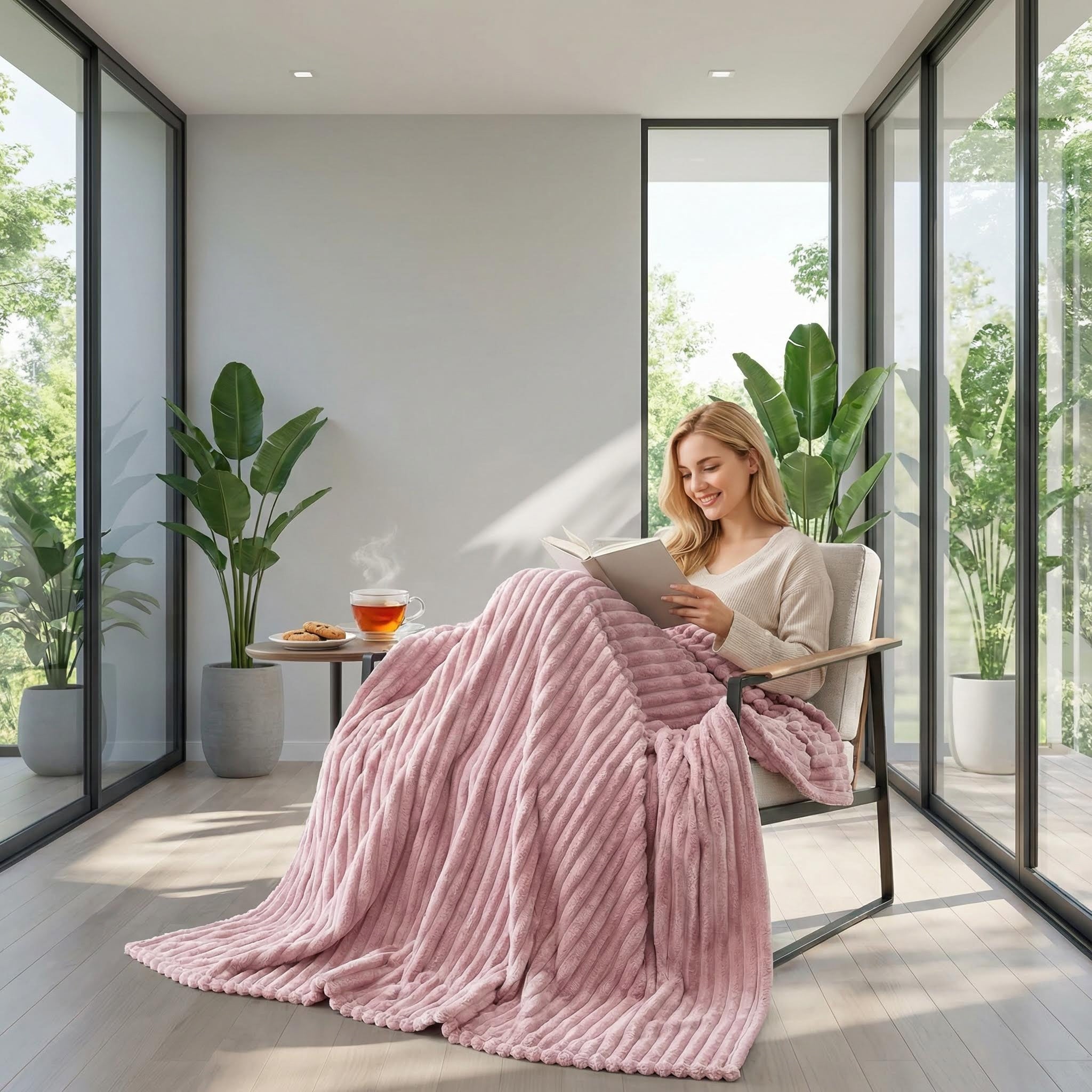 Blonde woman relaxing in a modern room, covered by a soft pink striped faux fur throw blanket.